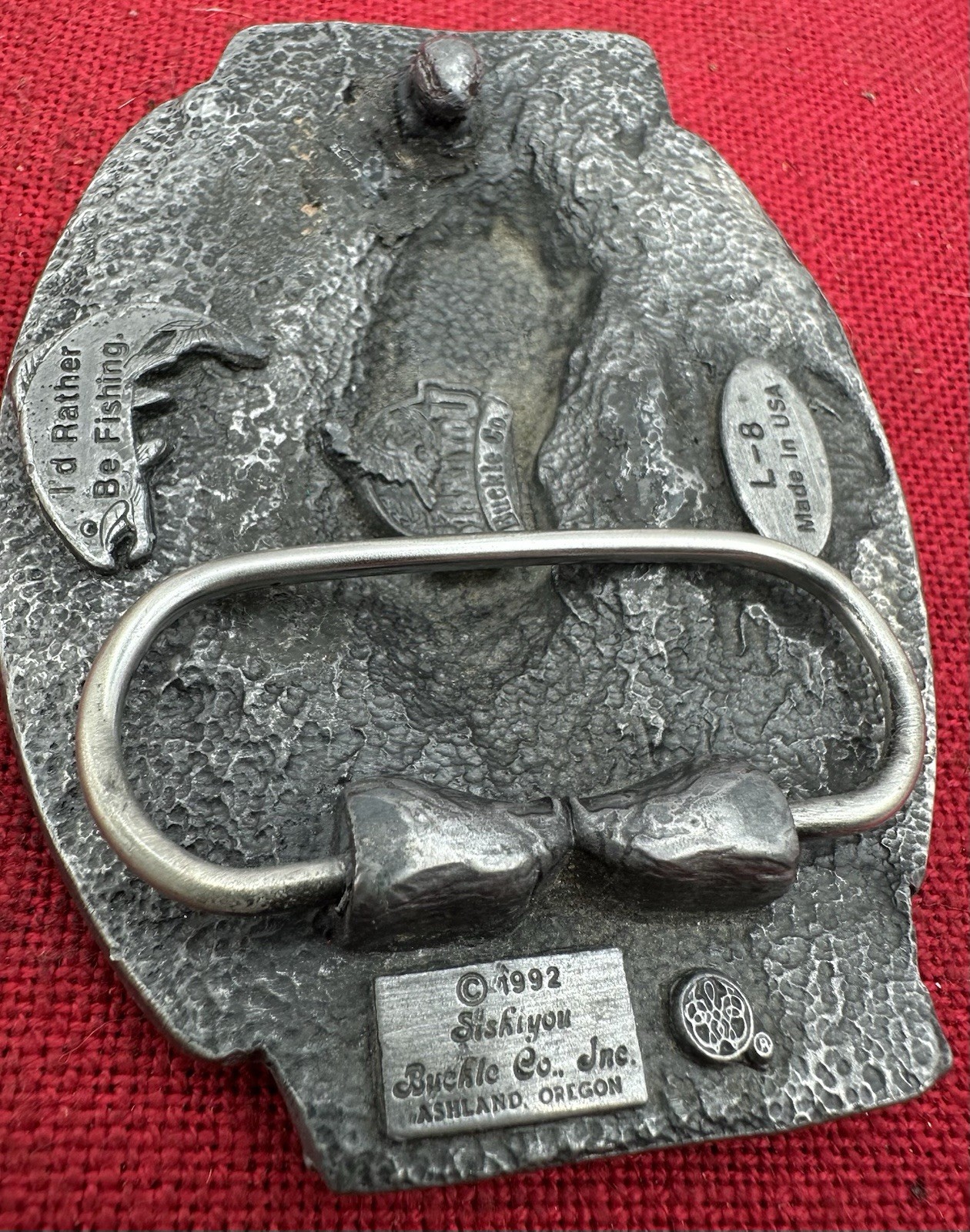 VINTAGE 92’ BELT BUCKLE « I FISH THEREFORE I AM » SISKIYOU FINE PEWTER BROWN TROUT
