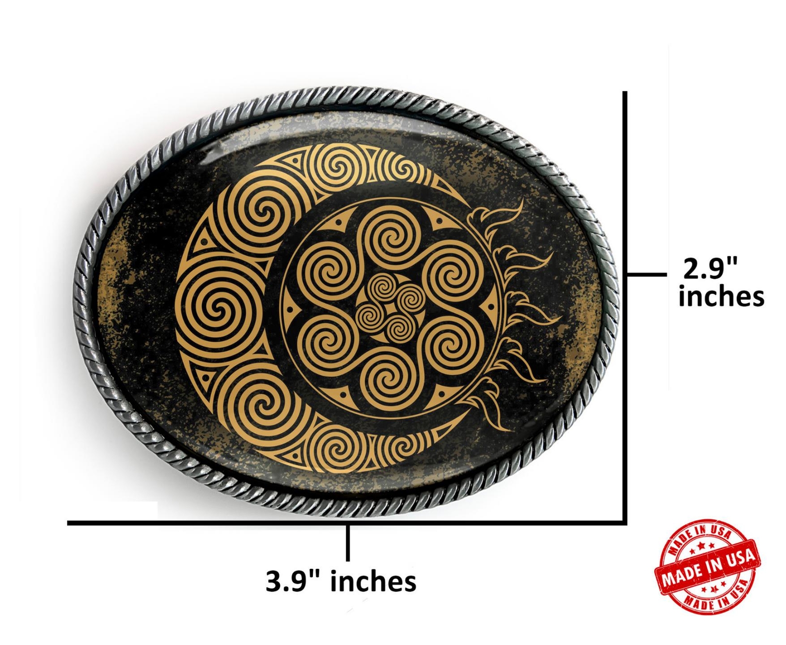 Celtic Grunge Belt Buckle – Spiral Sun and Moon Handmade Silver Buckle – 638-SO