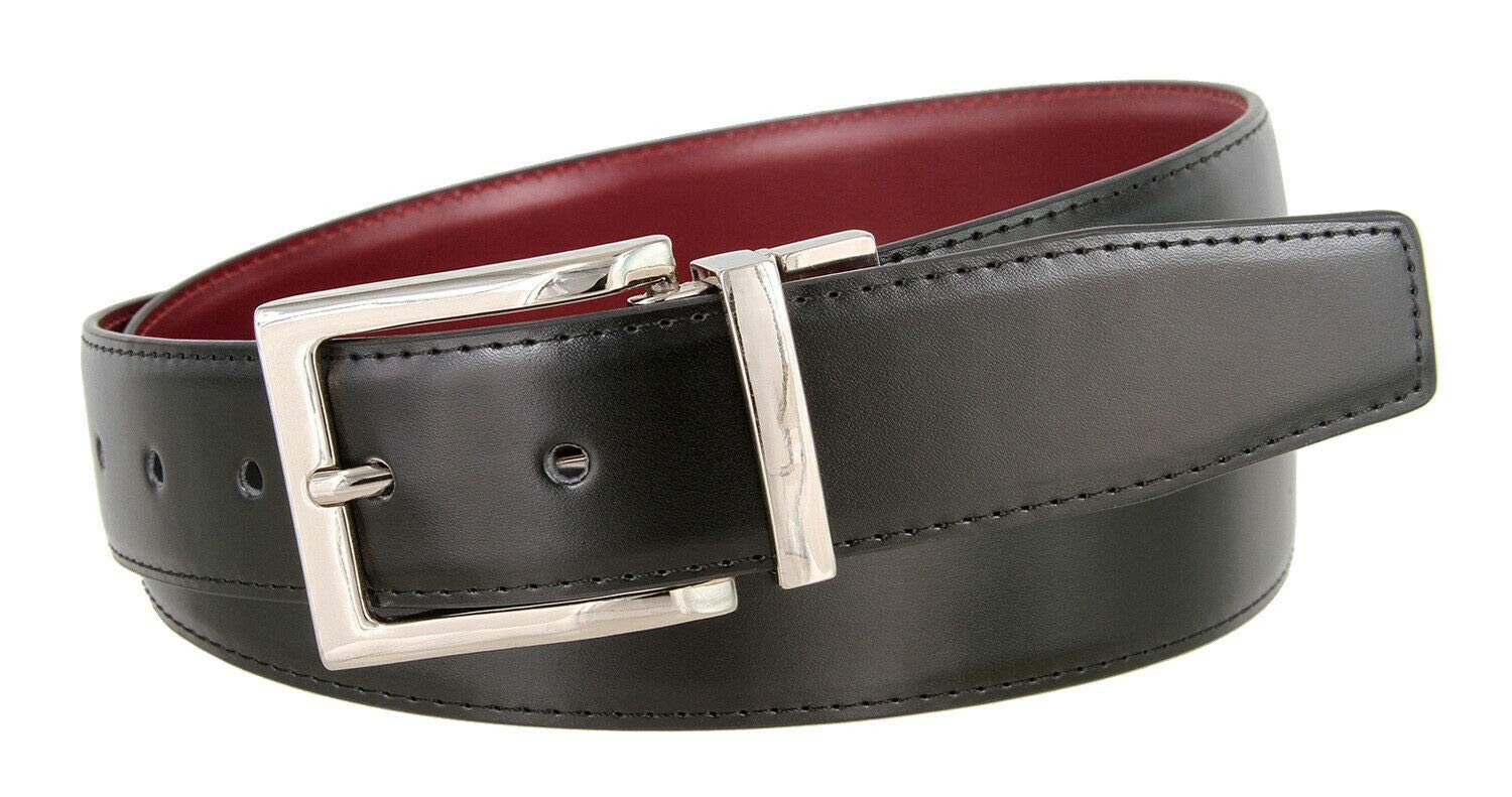 Men&rsquo;s Belt Genuine Leather Reversible Rotated 34, Silver Buckle-burg/Blk