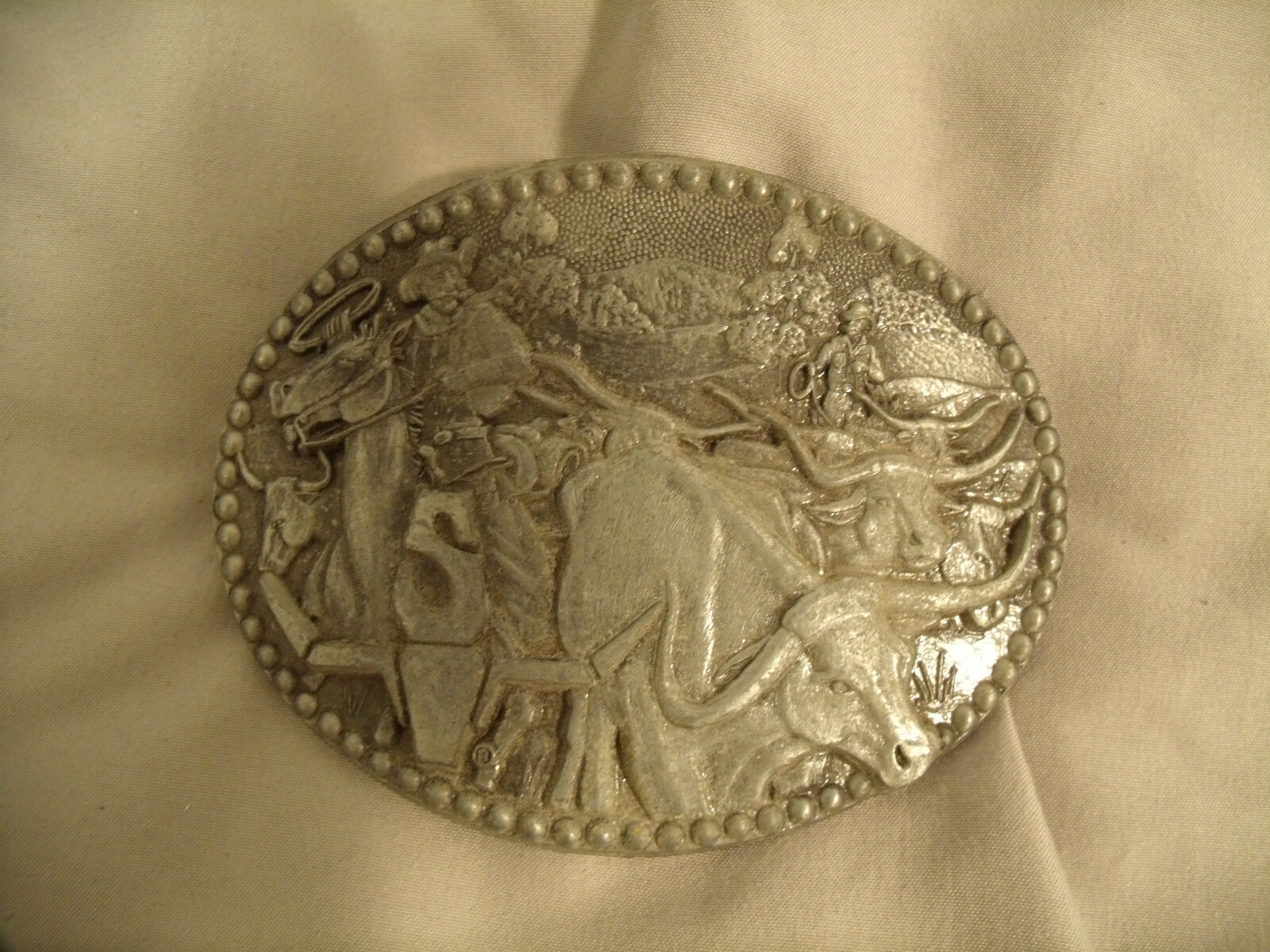 Vintage High Relief Oklahoma Sheplers Logo Cattle Drive One Piece Belt Buckle By