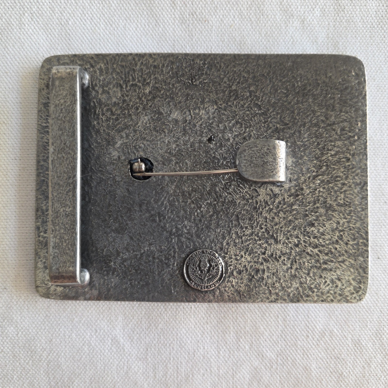 Rectangle Pewter Clan Belt Buckle w/ Pewter Gaelic Piper Crest Pin (Removeable)