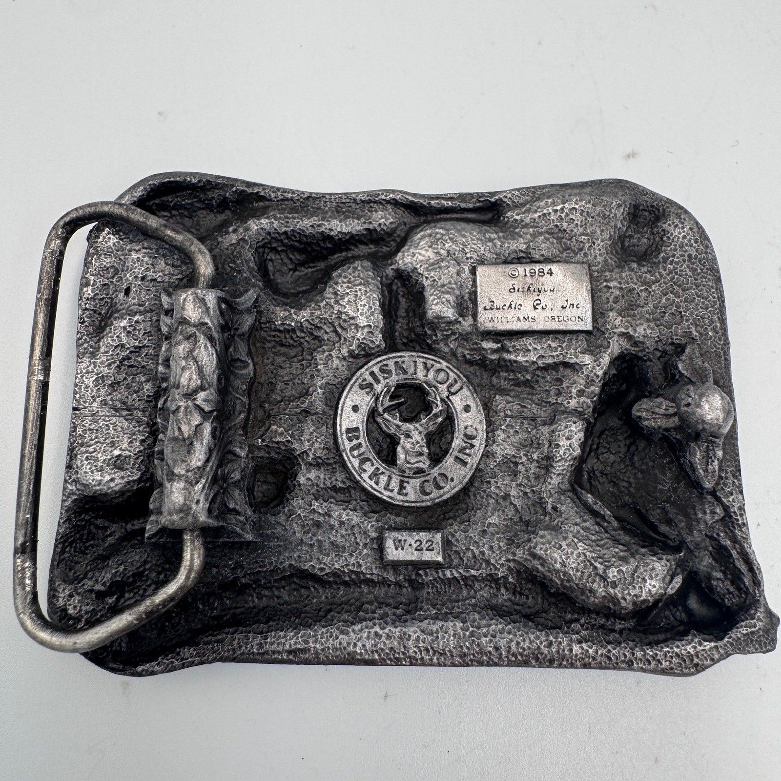 Vintage Missouri State Belt Buckle Pioneer Log Cabin Fiddle Banjo Pewter Tone