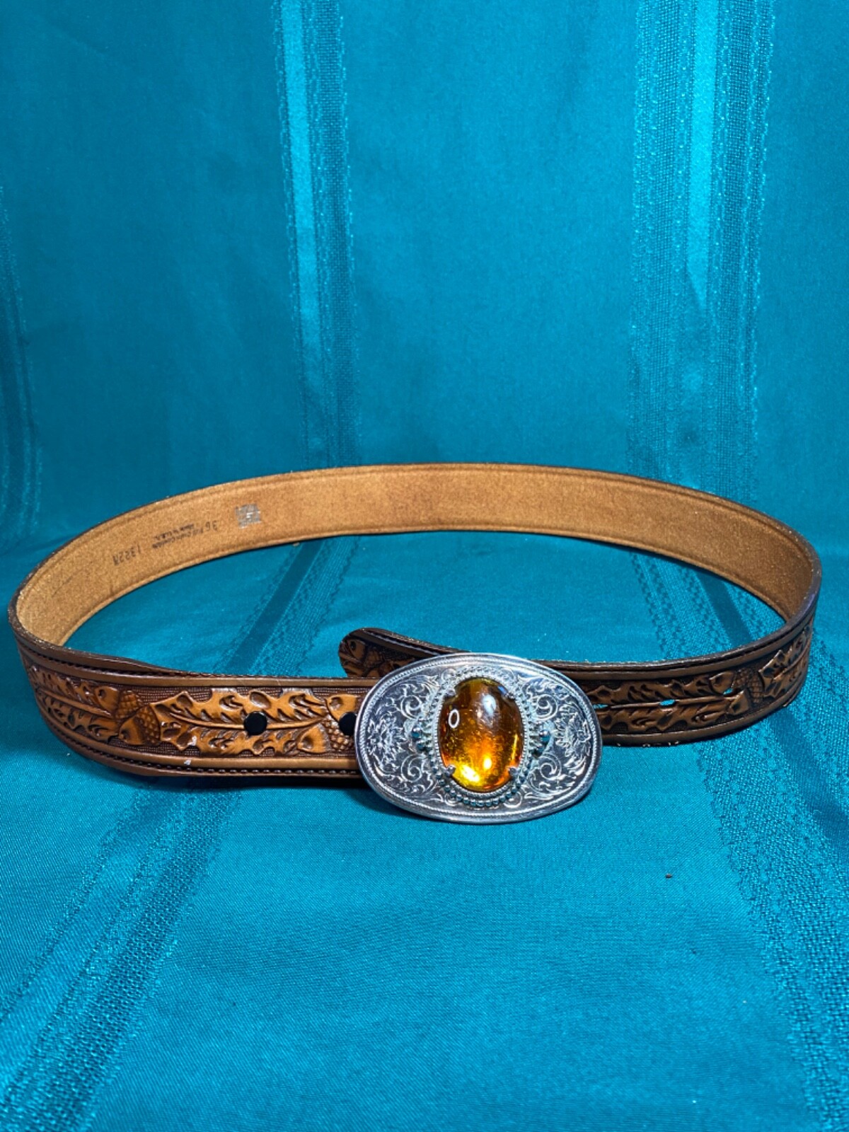 Tex Tan Full Grain Cowhide Belt Size 36 Tool Silver Buckle Polished Amber Stone