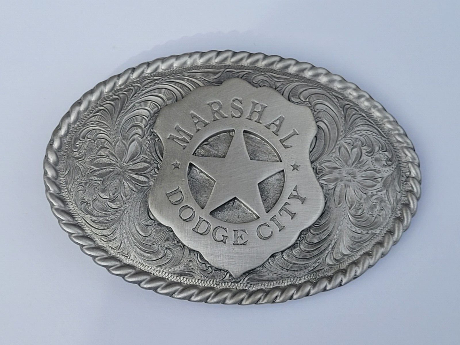 Pewter Old West Marshal Dodge City Badge Belt Buckle Silver Western Buckle