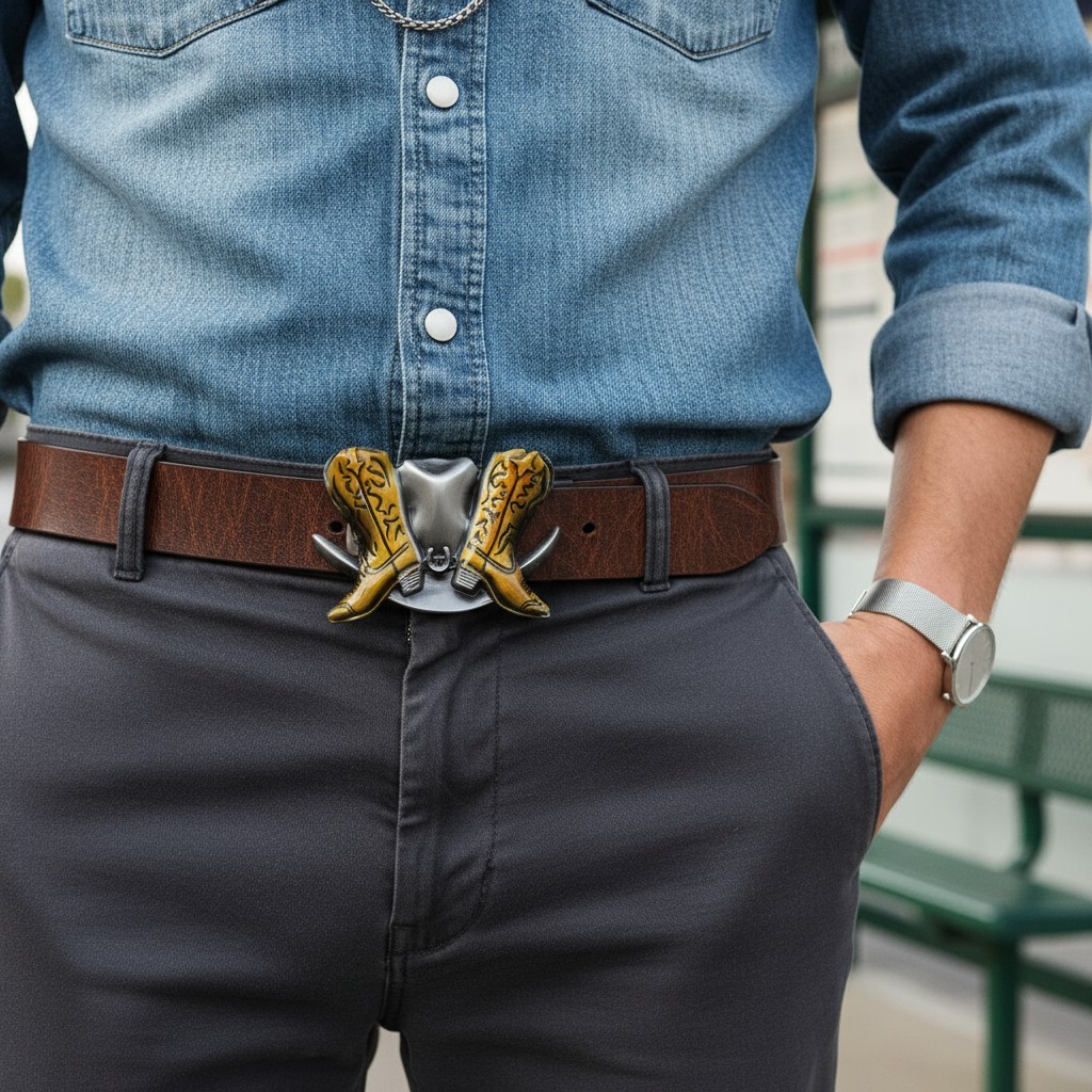 Silver Metal Men Belt Buckle Western Fashion Brown Boot Cowboy Hat Country Side