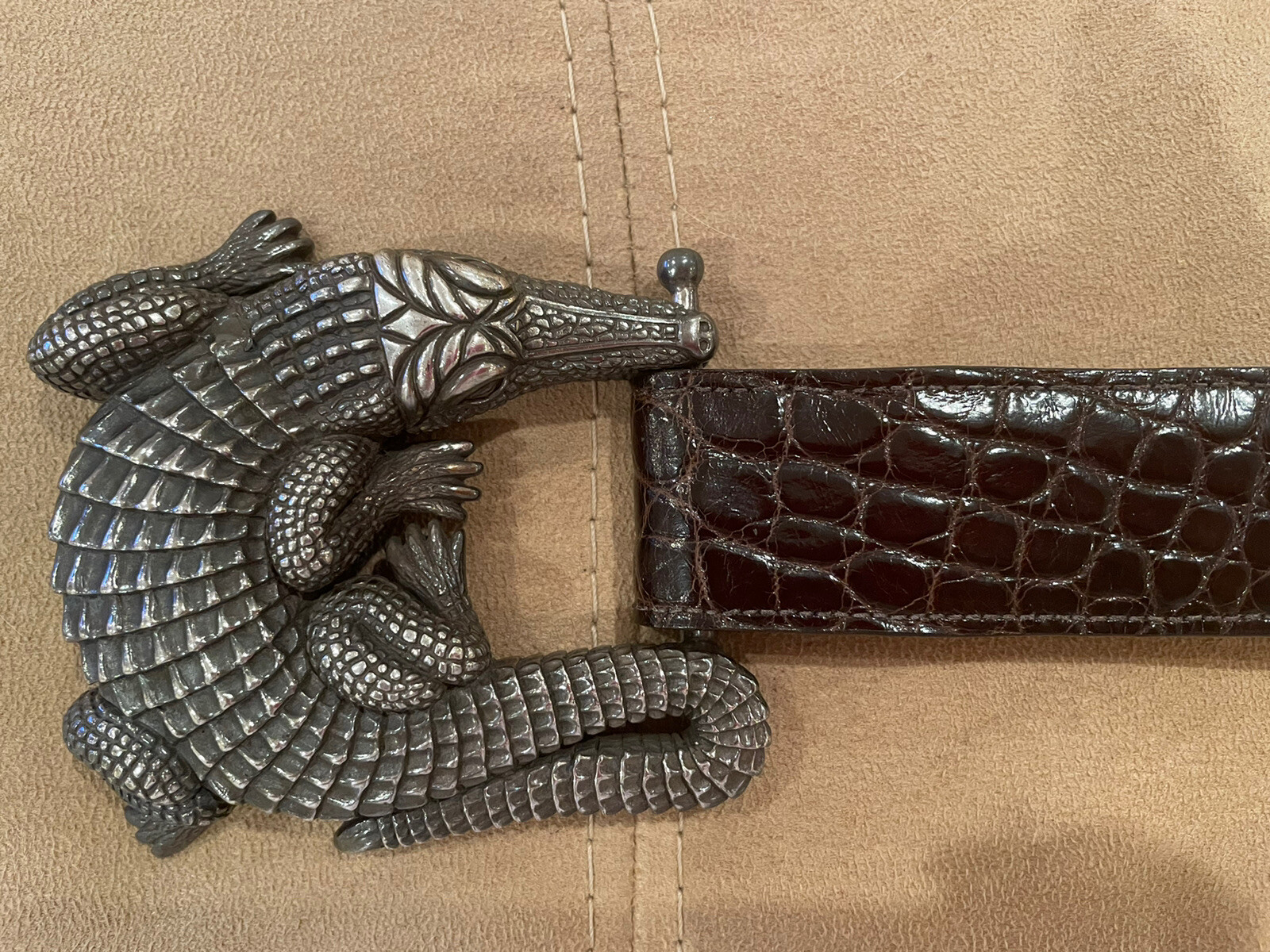 HUGE!! Kieselstein-Cord Sterling Alligator Buckle Brown Alligator Belt Size 2