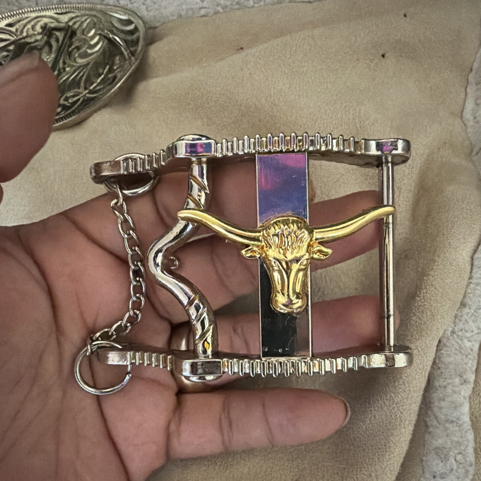 Western Belt Buckle Silver Tone Gold Tone Steer Head Accent with Chain