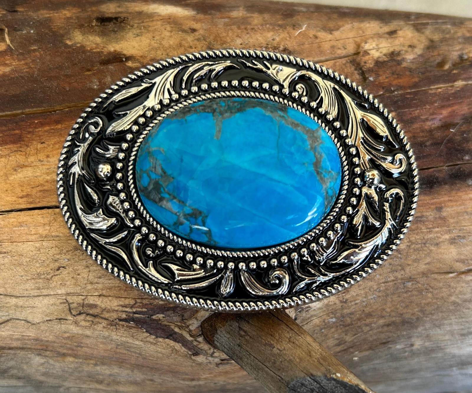 Silver Engraved Western Belt Buckle Aqua Genuine Stone Cowboy Rodeo Gift