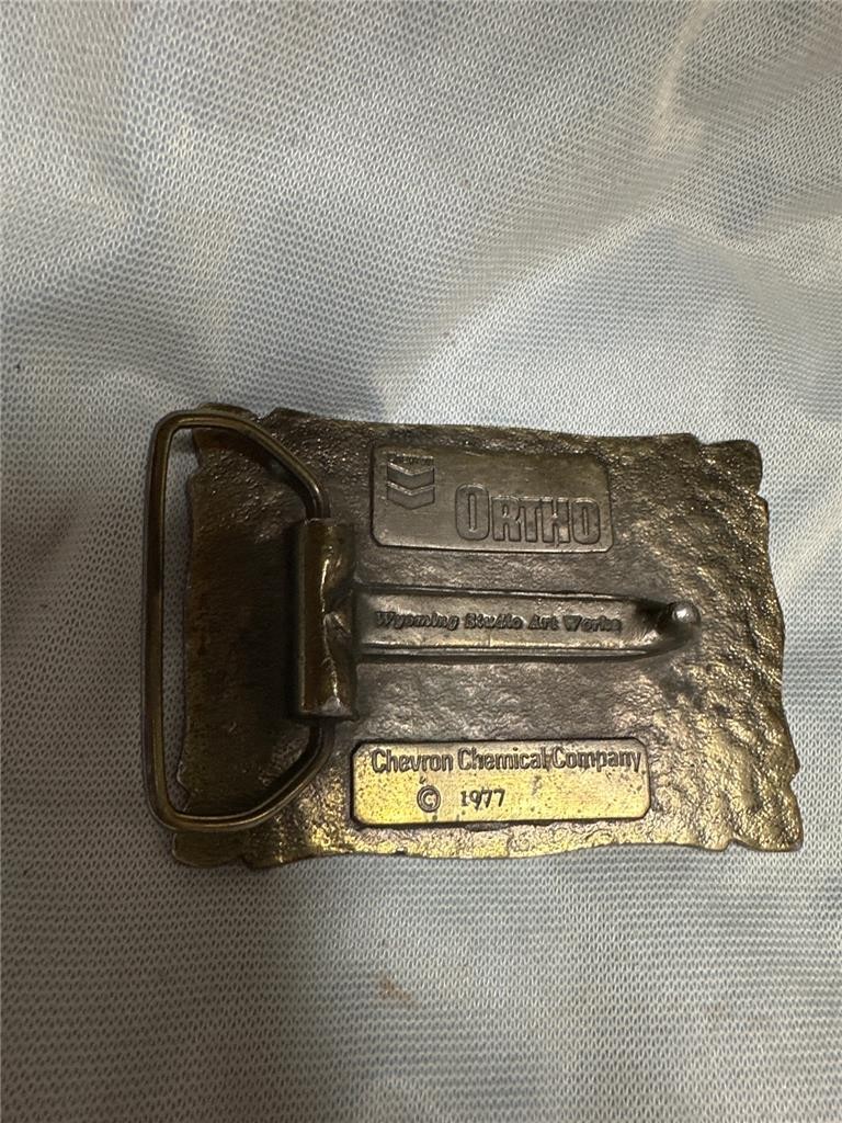 Vintage 1977 Chevron Chemical Company Brass Belt Buckle Wyoming Studilo Artworks