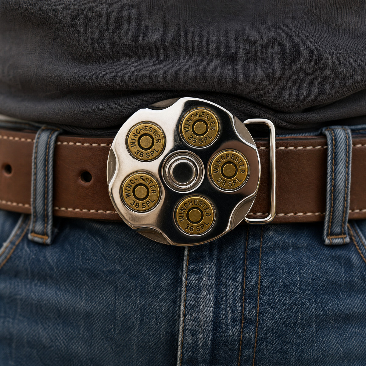 Bullet Belt Buckle Mens Spinning Revolver Cylinder Western Cowboy Gun Silver