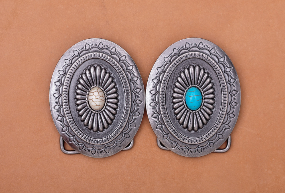 Vintage Charm Southeast Indian Ethnic Flower Turquoise Leather Belt Buckle Huge