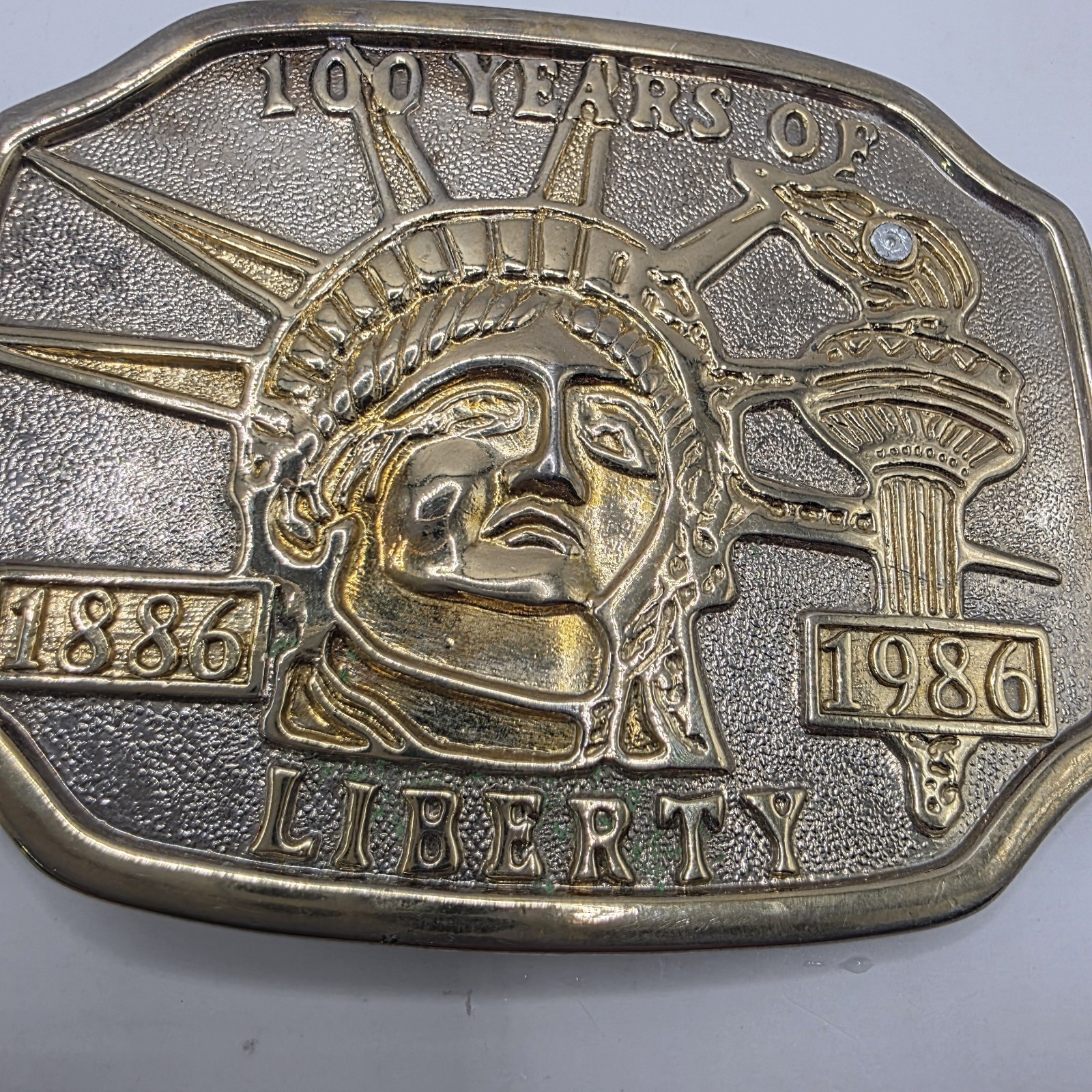 Vintage 100 Years of Liberty 1986 Gold Tone Metal Belt Buckle. Great Condition