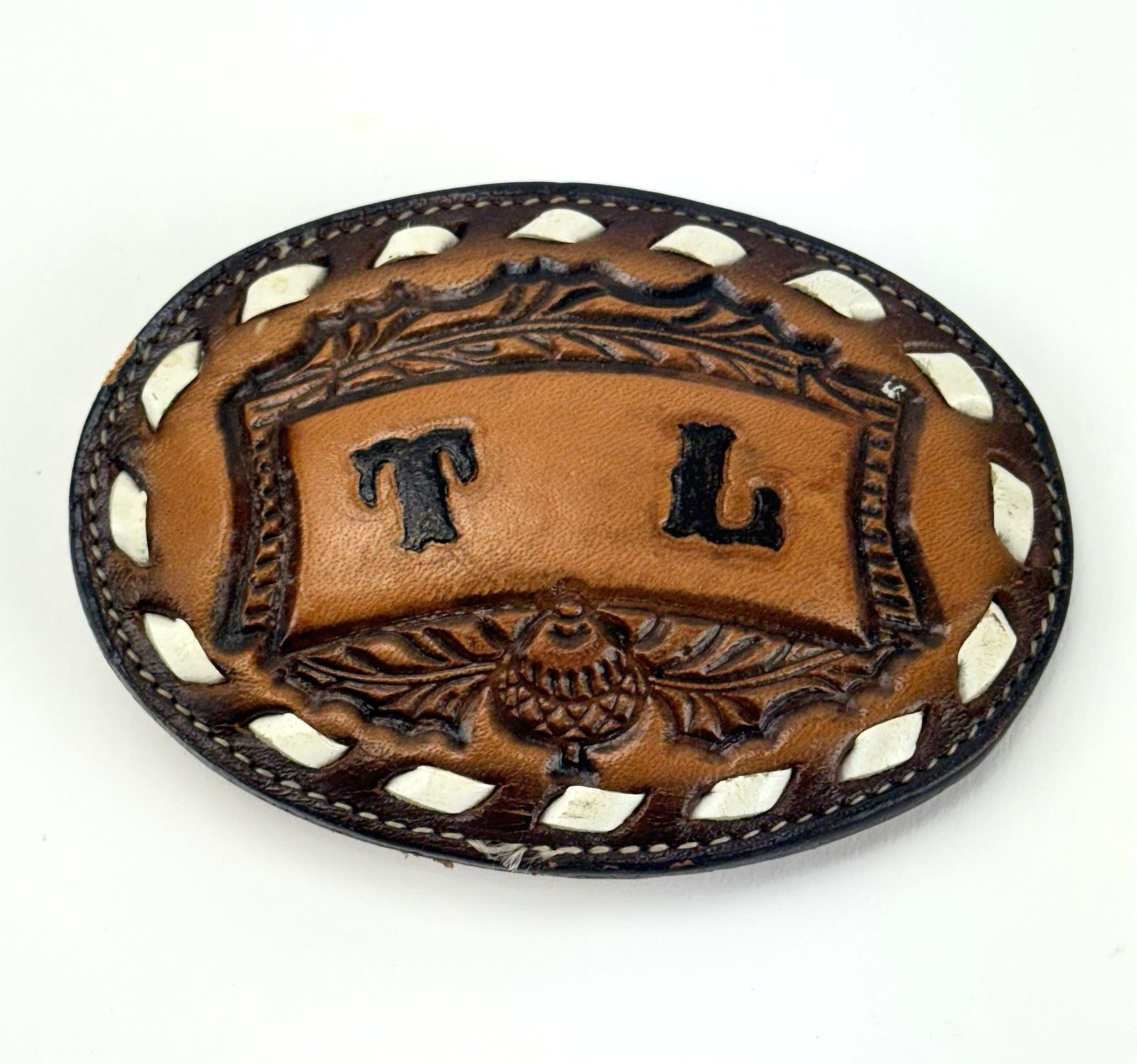 Vintage TONY LAMA Leather BELT BUCKLE 3-3/4&Prime; x 2-3/4&Prime; Initials T-L