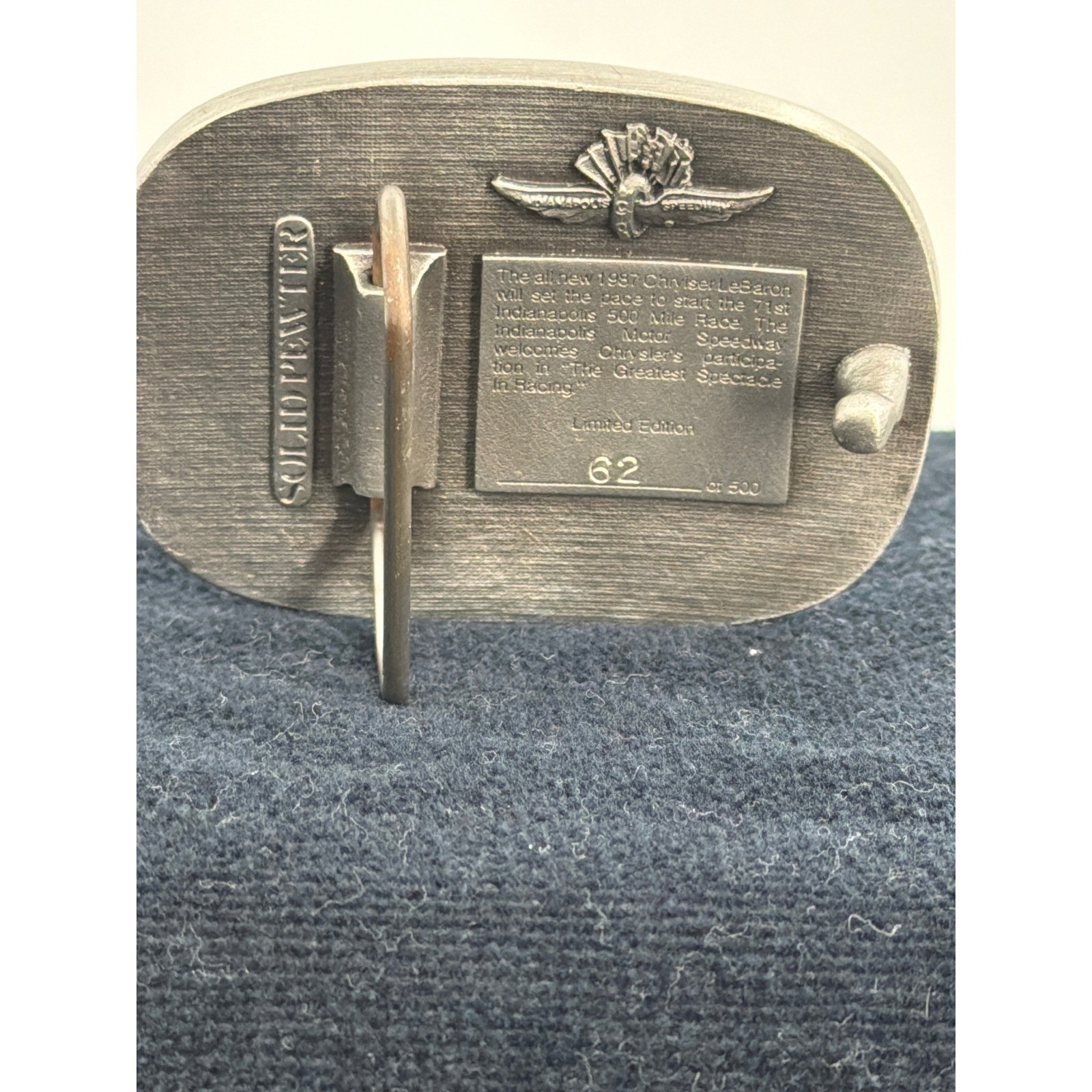 1987 Chrysler LeBaron Indy 500 Official Pace Car Pewter Belt Buckle 62/500