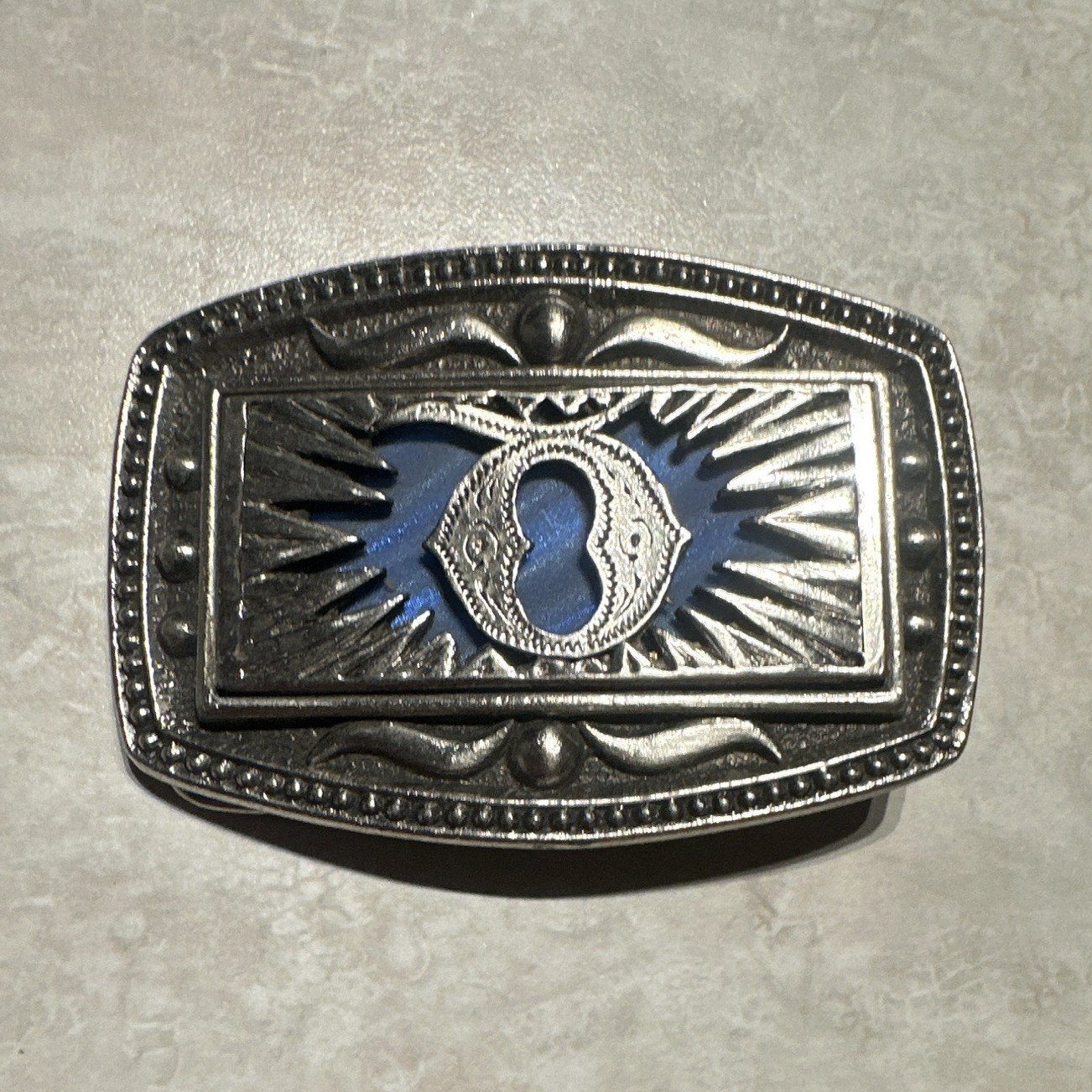 CII New York Men&rsquo;s Western Belt Buckle Silver/Blue Rectangular Fits 1.5&Prime;