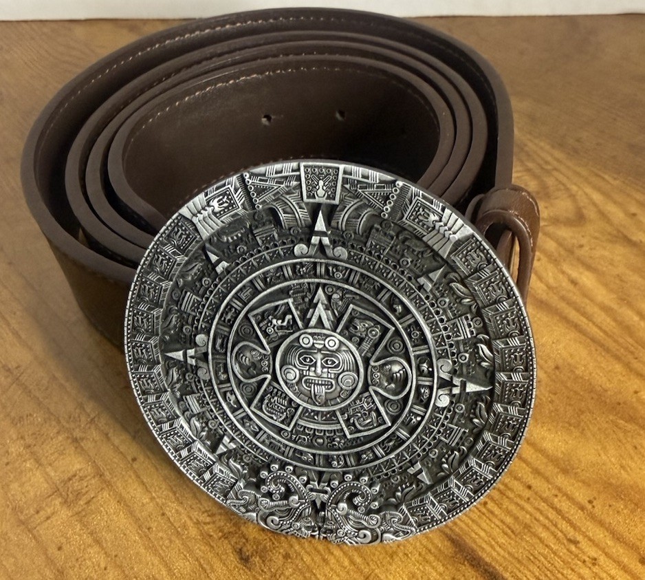 Silver Plated Aztec Calendar Belt Buckle And Brown Belt 51in Long