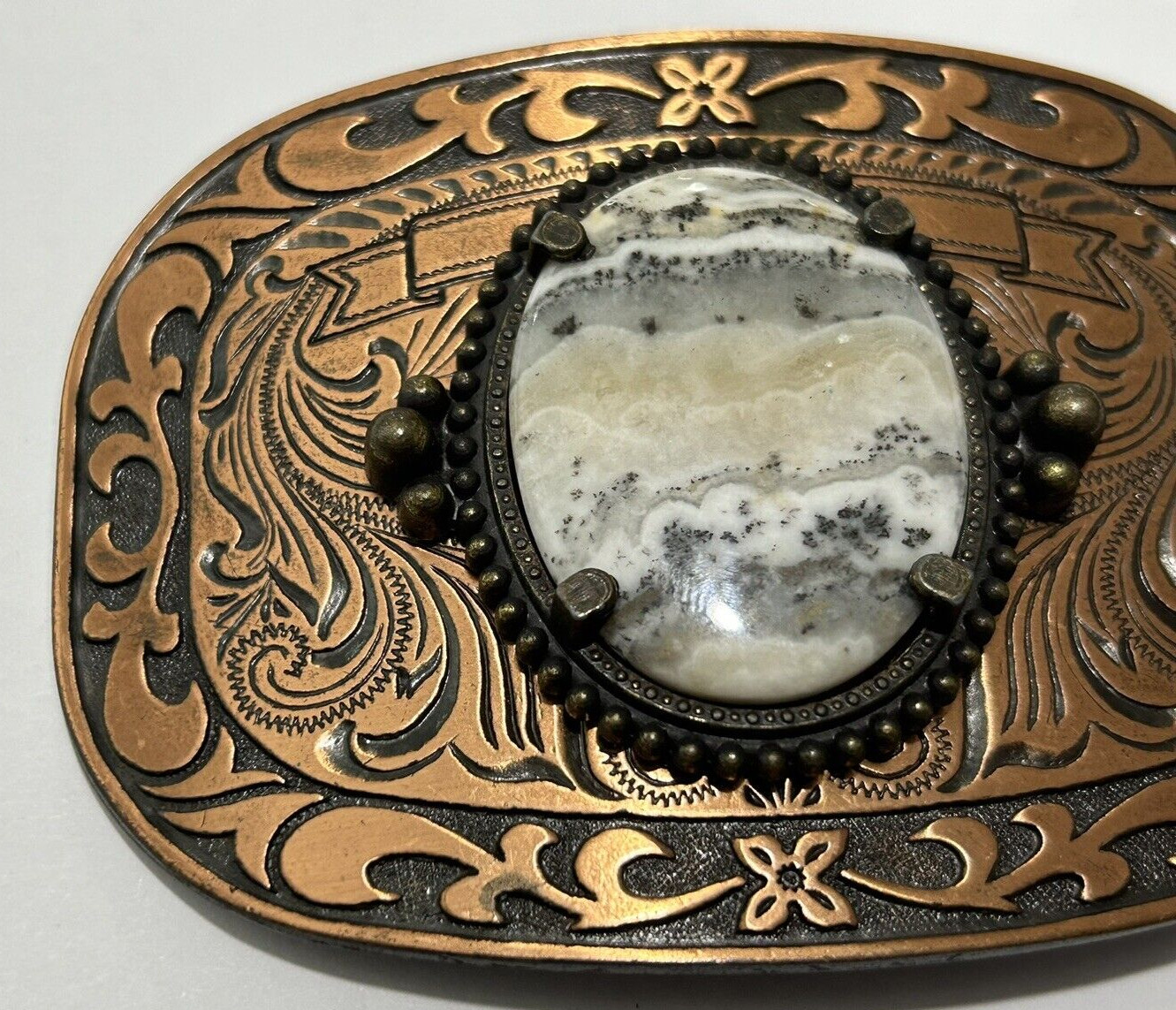 Agate Gemstone Bronze Western Style Belt Buckle, Pre-Owned