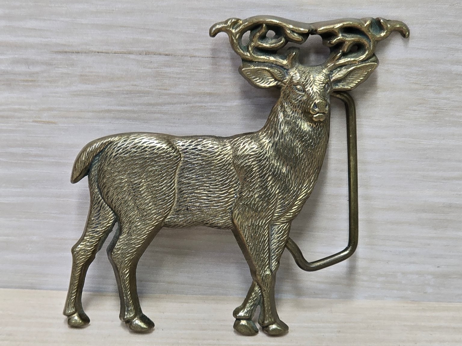 Vintage Baron Buckle Belt Buckle Brass 3.75&Prime;H Deer Stag Hunter Animal 1980
