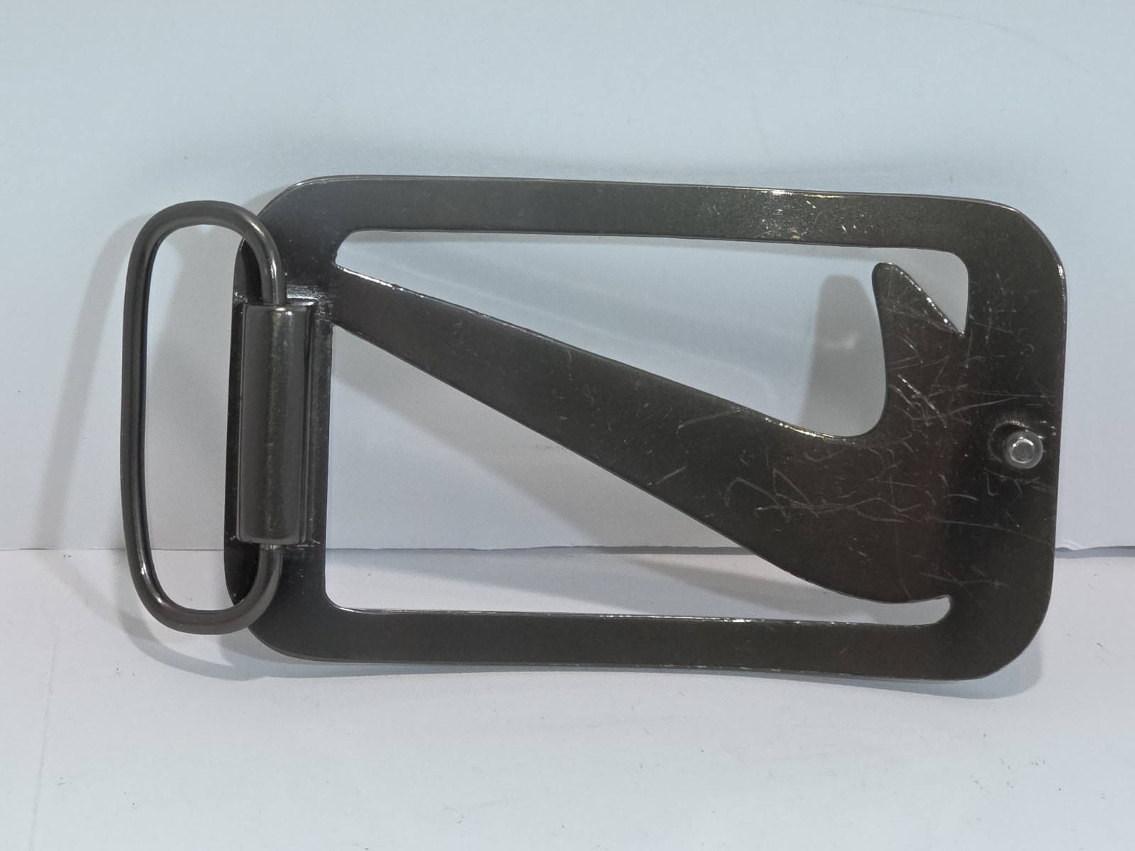 Nike Swoosh Cut Out Belt Buckle Used Silver Gray Appx 2&Prime; x 3.5&Prime;