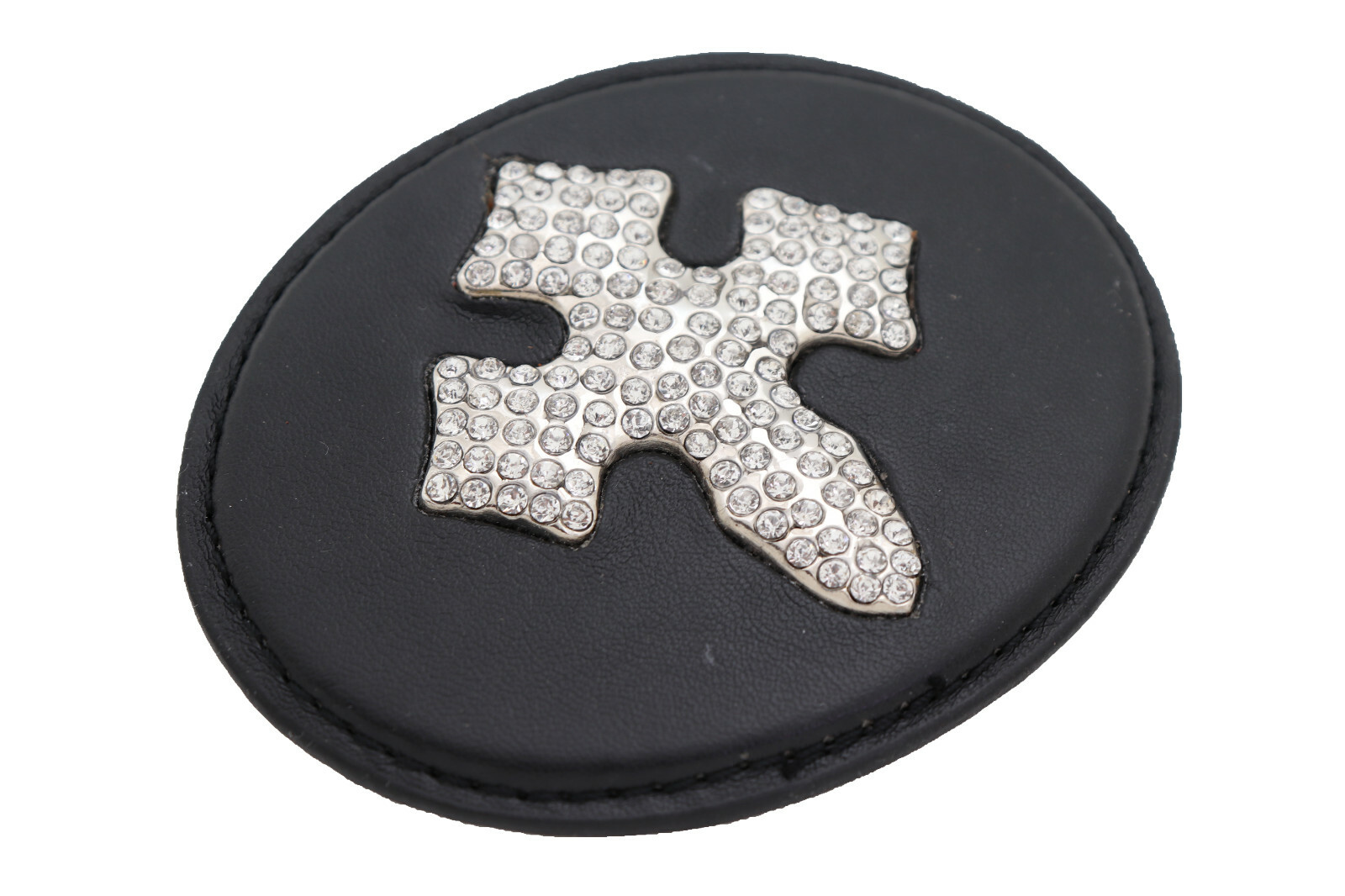 Men Women Fashion Black Oval Belt Buckle Silver Metal Bling Cross Religious Look