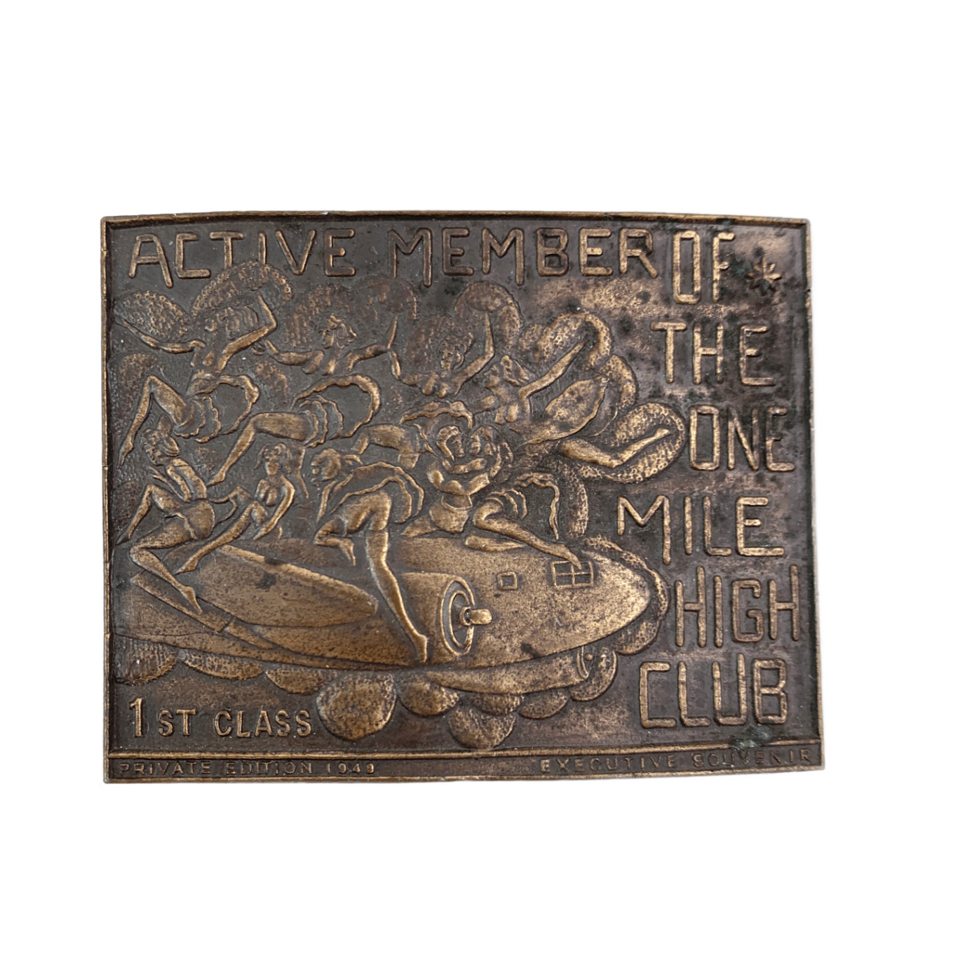 Vintage 1949 One Mile High Club Member Belt Buckle Art Deco Bronze Tone Lewis