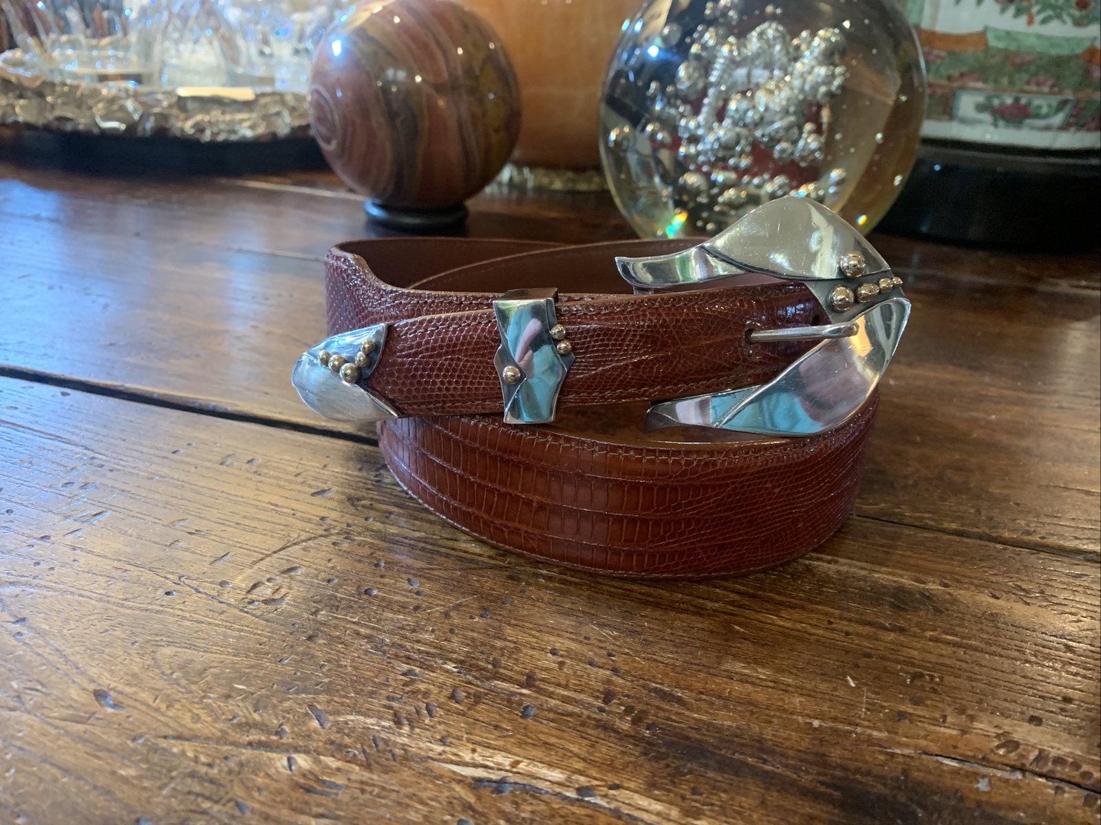 Pat Areias Sterling Silver 14K James Reid Style Belt Buckle 33-35-1.5-1”nu 🦎✅