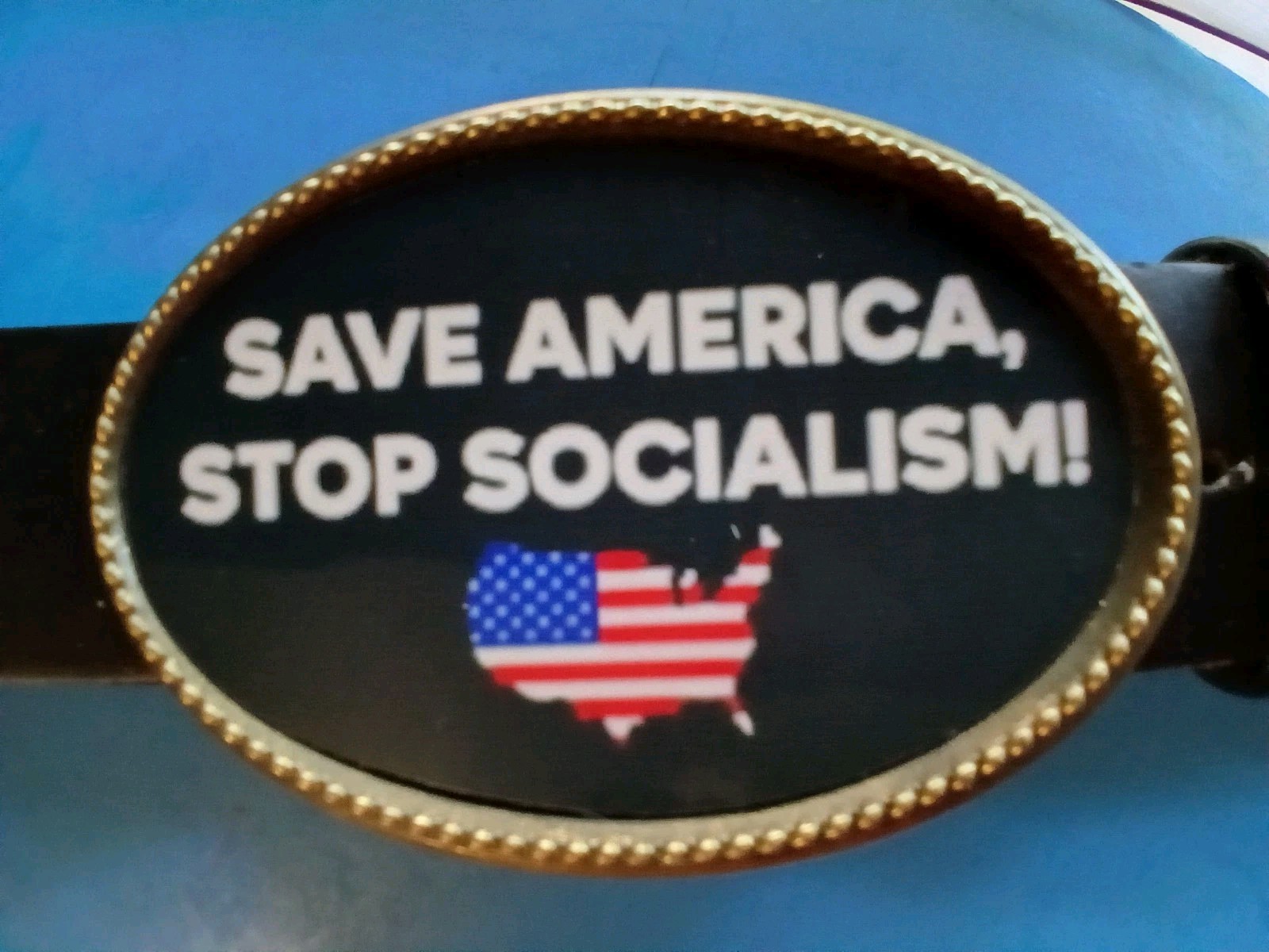 STOP SOCIALISM, SAVE AMERICA Epoxy Buckle & Black Belt NEW