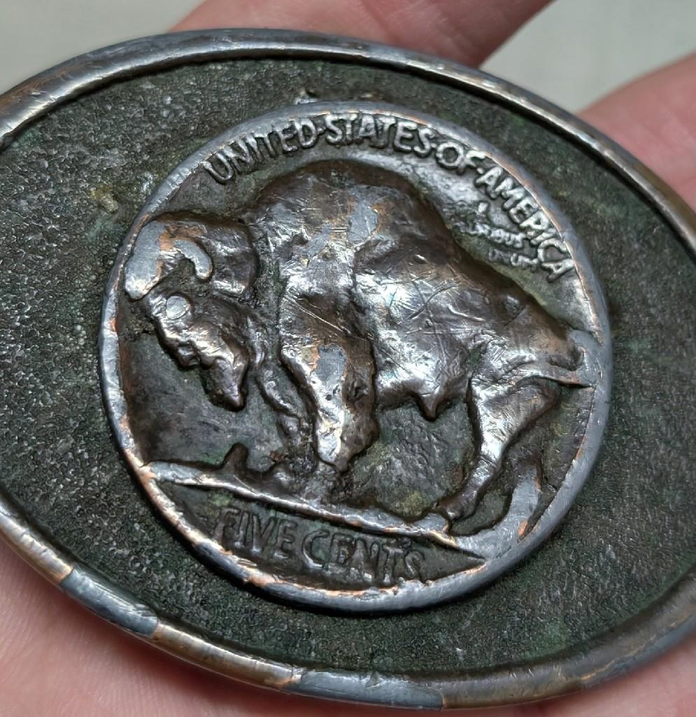 1970s vintage BUFFALO NICKEL belt buckle BRONZE heavy brass WESTERN cowboy