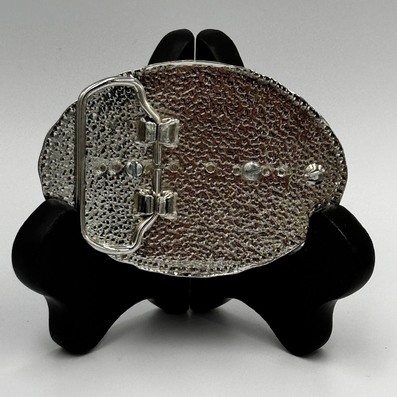 Western Silver Tone Oval Belt Buckle Blue Abalone Shell Inlay Floral Scrollwork