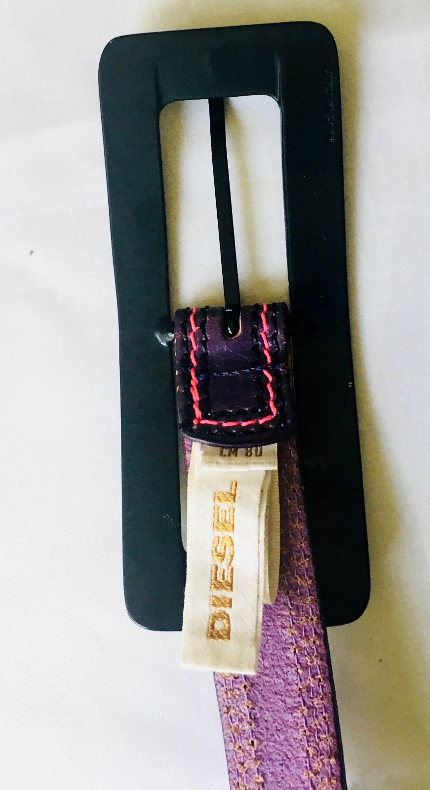DIESEL: NEW Purple Leather Belt w Pink Stitching & Black Patent Buckle Size 80cm