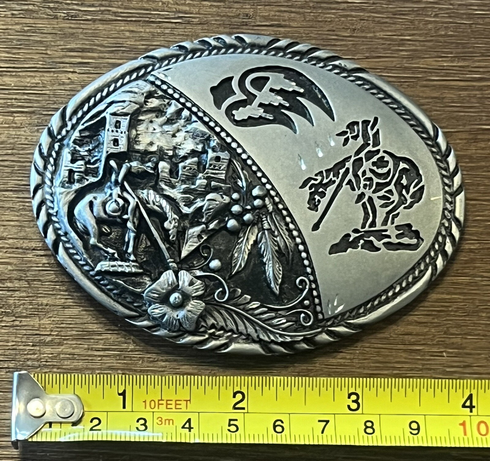 Vintage SSI Metal Handcrafted Belt Buckle Horses And Indian Nature Wildlife USA
