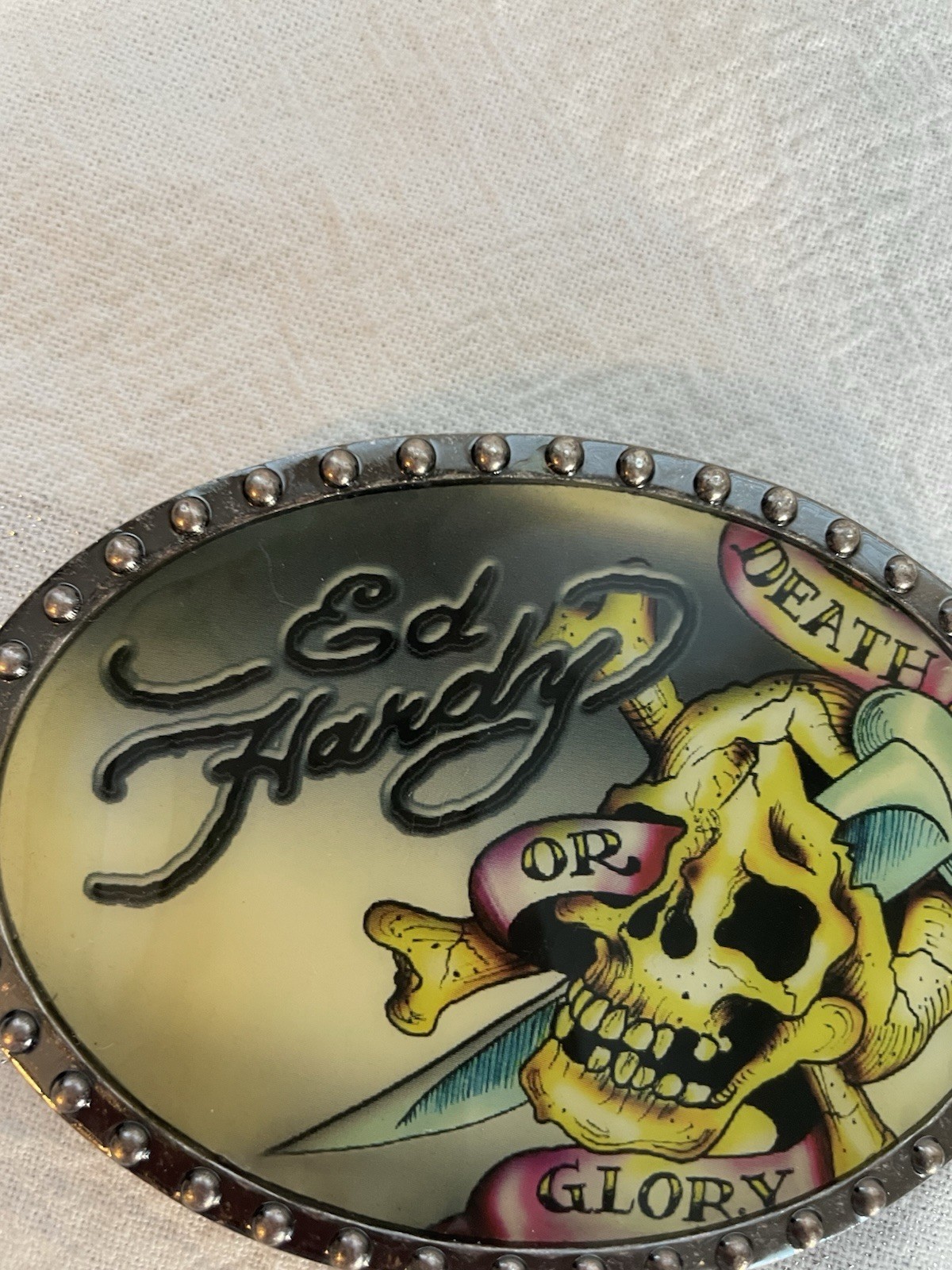 Ed Hardy Skull Belt Buckle Death Or Glory Glossy With Metal Trim