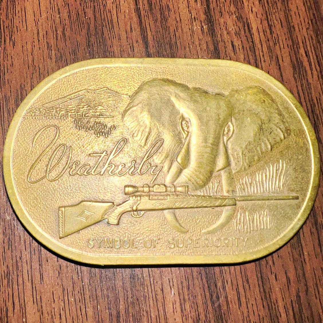 Weatherby Brass Belt Buckle Hunting Elephant Rifle ( symbol of superiority)