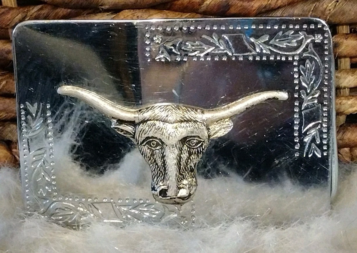 Vintage Longhorn Steer Shiny Silver Tone Western Belt Buckle Fits 1.5&Prime; Belt