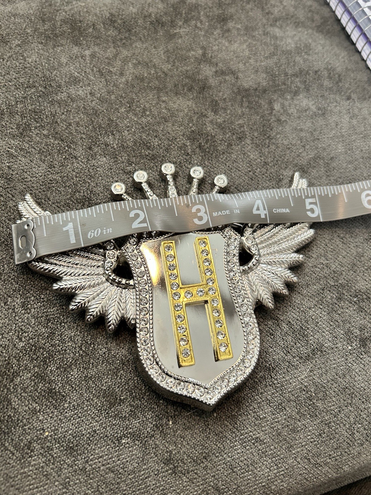 Winged Crown Initial H Rhinestone Belt Buckle, Silver/Gold, 1.5in