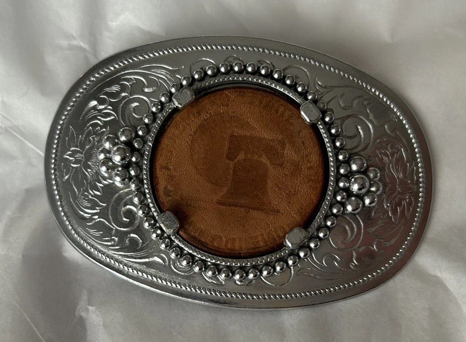 Oval Belt Buckle Filigree Liberty Bell Leather Inlay Western Ranch Americana