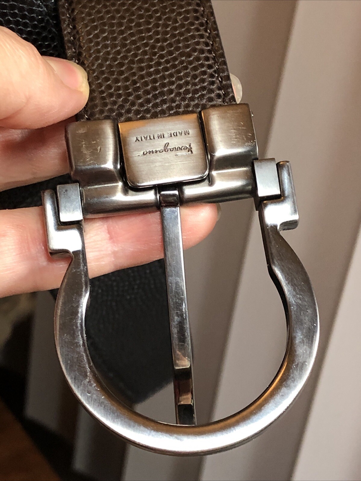 Salvatore Ferragamo Gun Metal tone Buckle black Brown leather removable belt