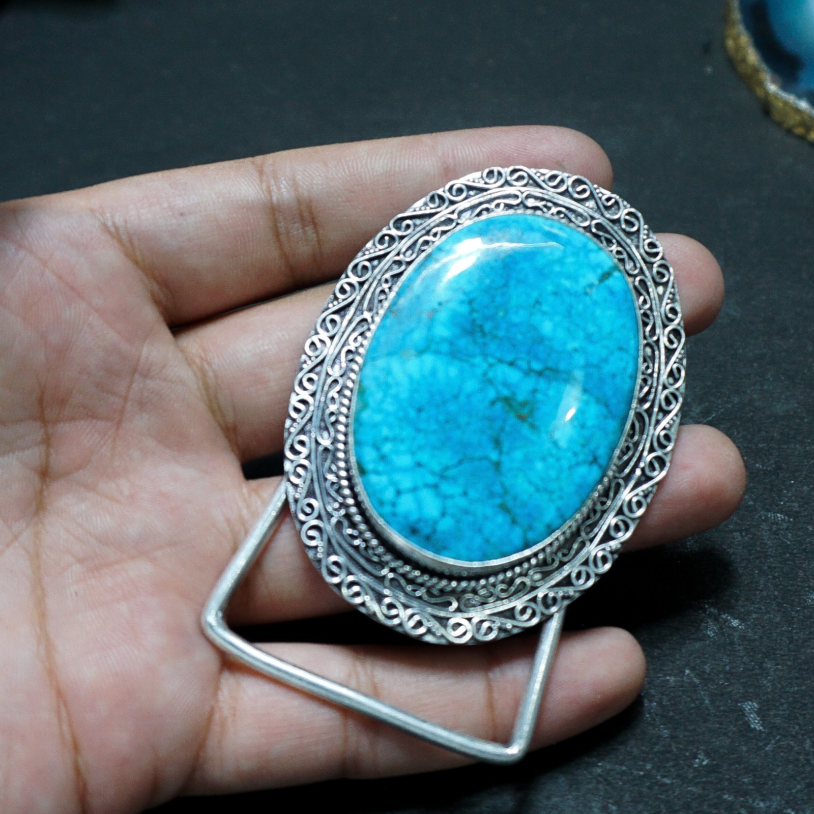 Handmade Silver Plated Belt Buckle with Natural Turquoise Stone- Western Vintage