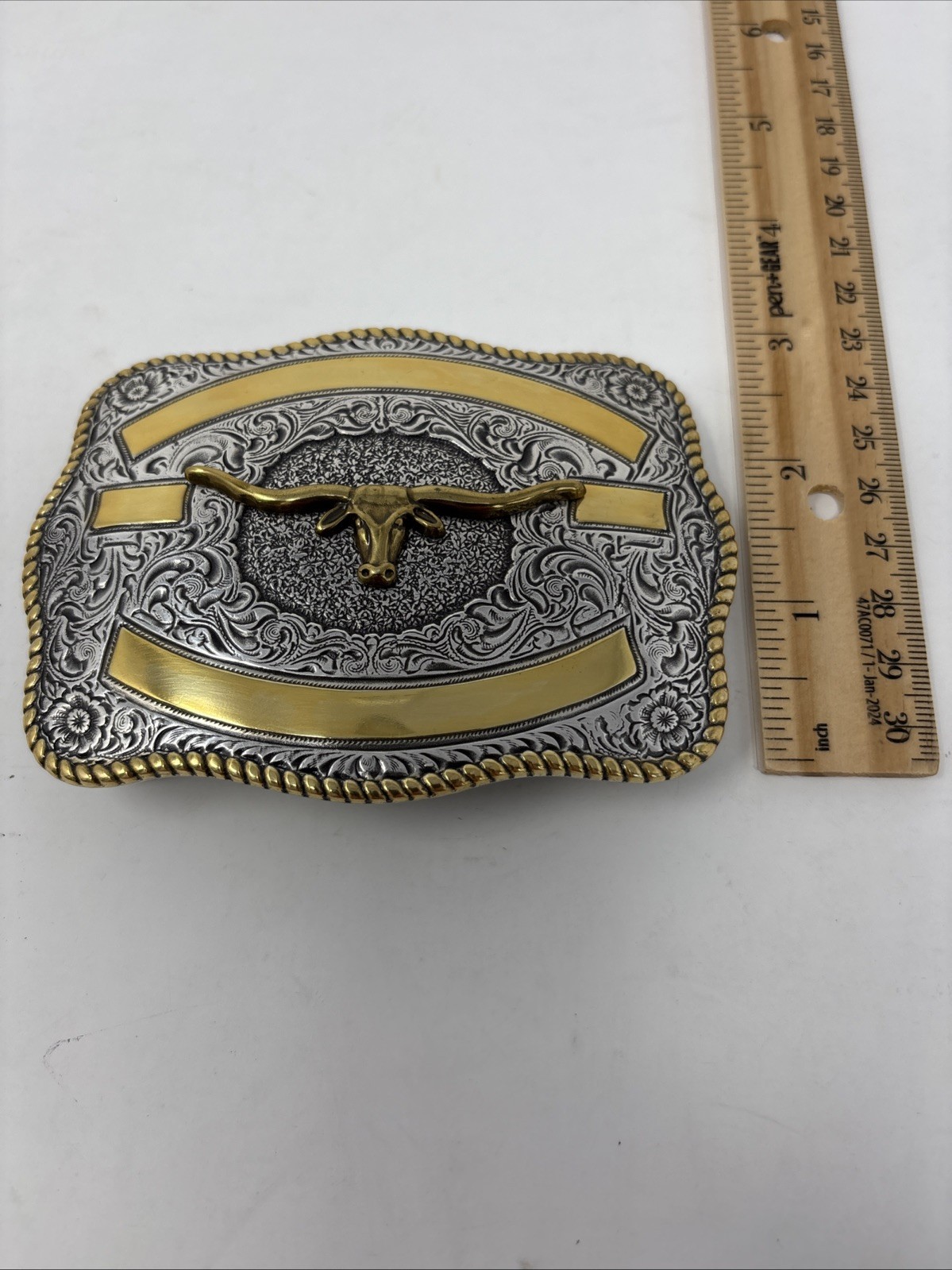 Crumrine Western Rectangle LONGHORN SKULL Belt Buckle.