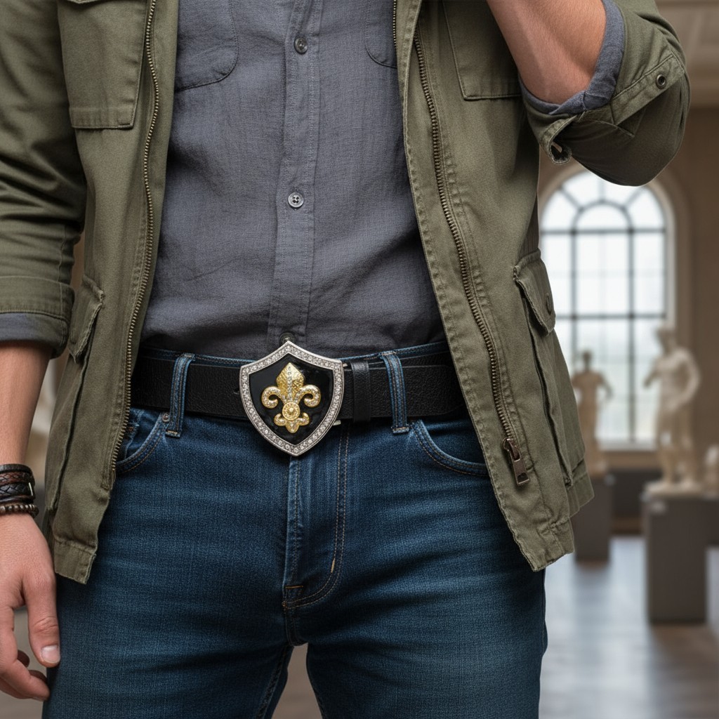 Men Belt Buckle Silver Metal Western Gold Fleur De Lys Lily French Symbol Flower