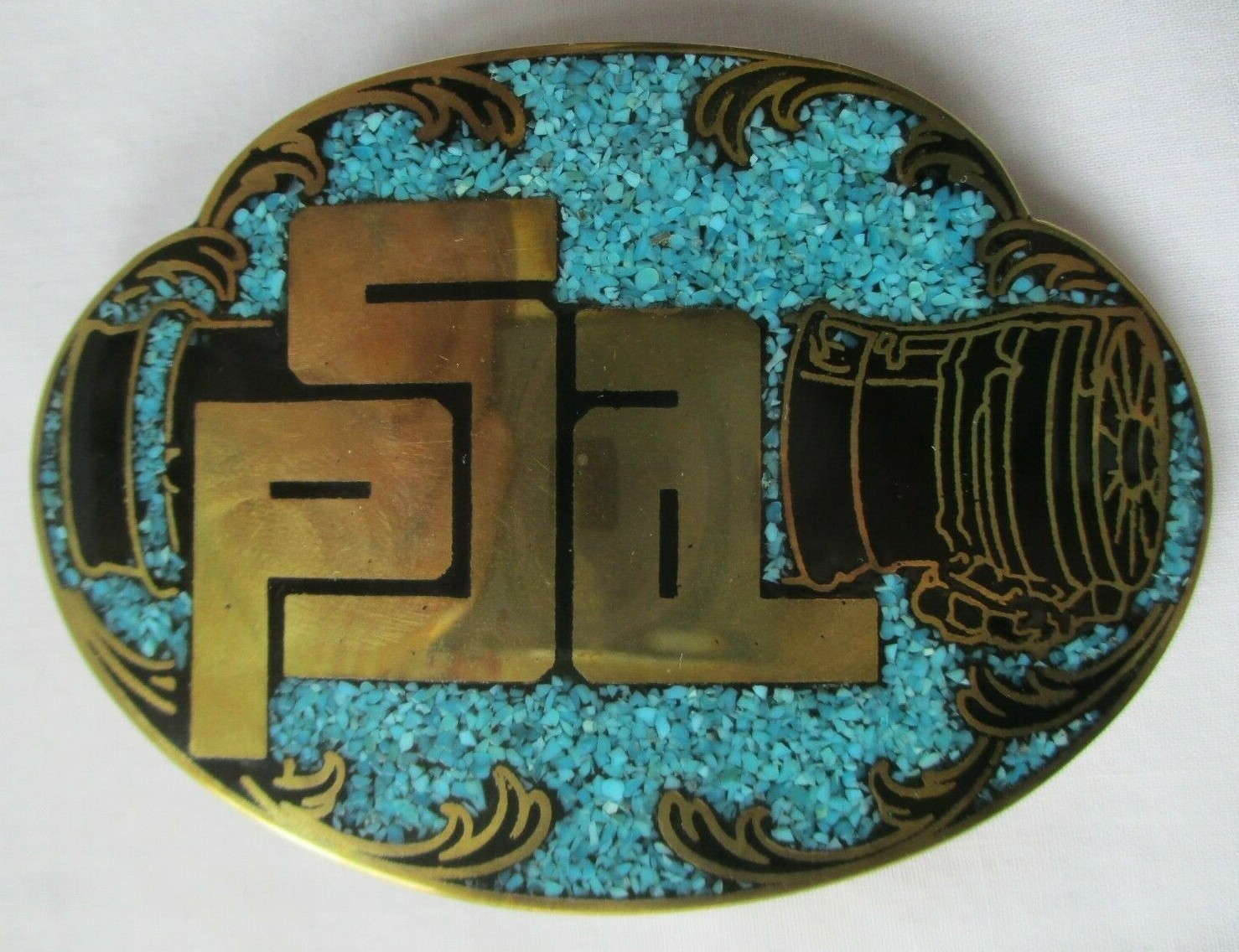 VINTAGE PSA ENGINES BRASS AND TURQUOISE DYNABUCKLE BELT BUCKLE