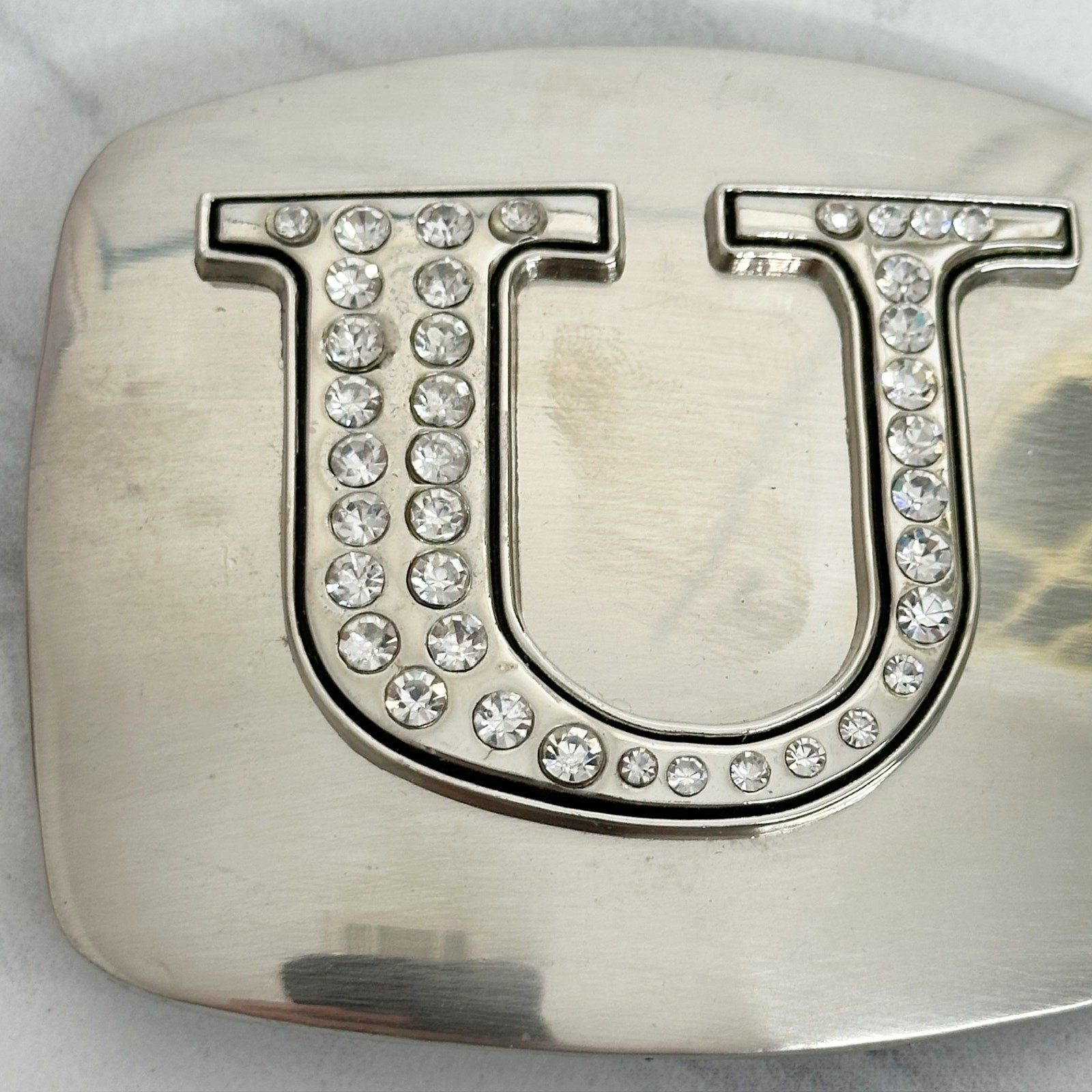 Letter U Rhinestone Initial Monogram Silver Tone Belt Buckle – 3.16&Prime; x 2.78&Prime;