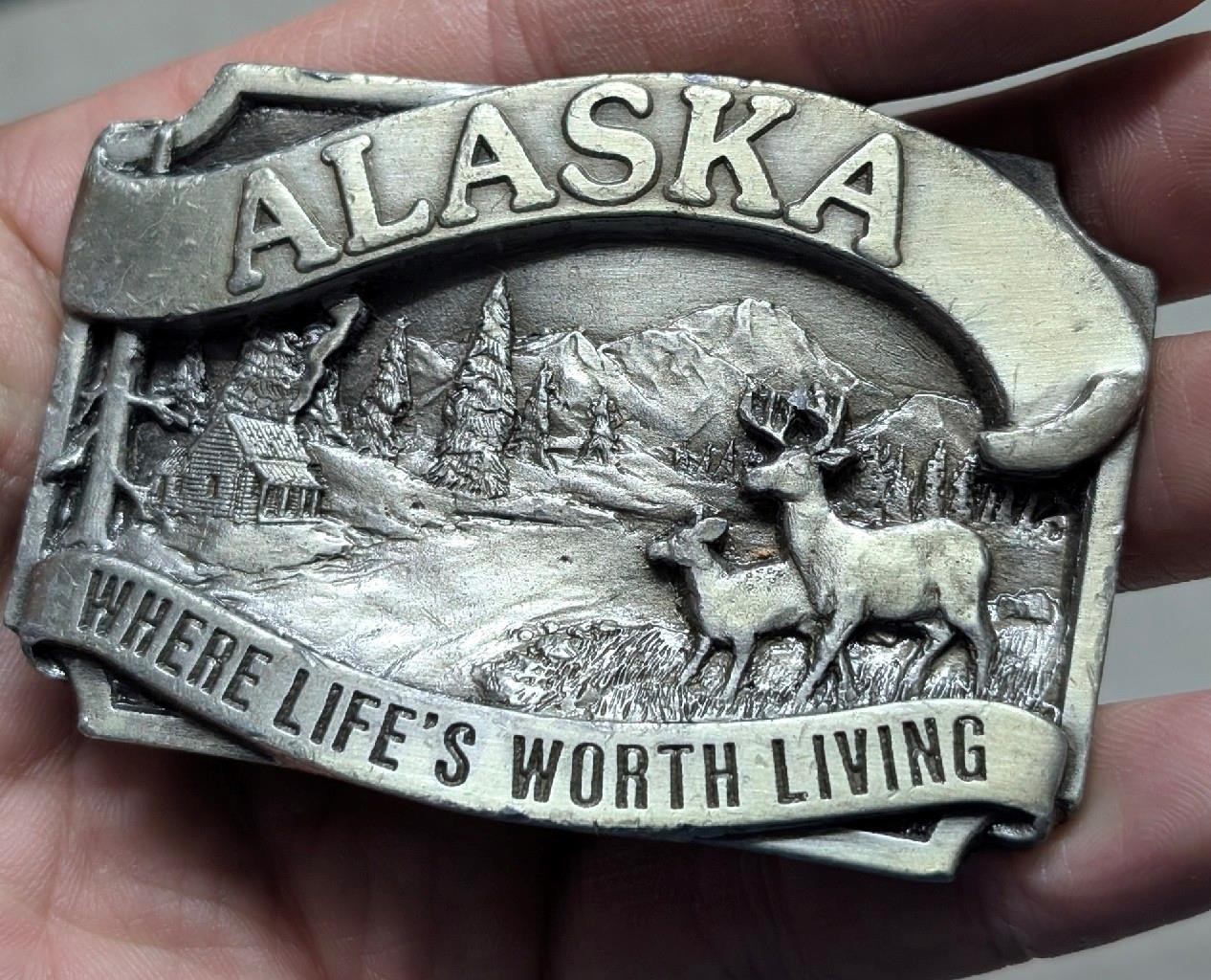 1980s vintage ALASKA belt buckle WESTERN pewter DEER where life if worth living