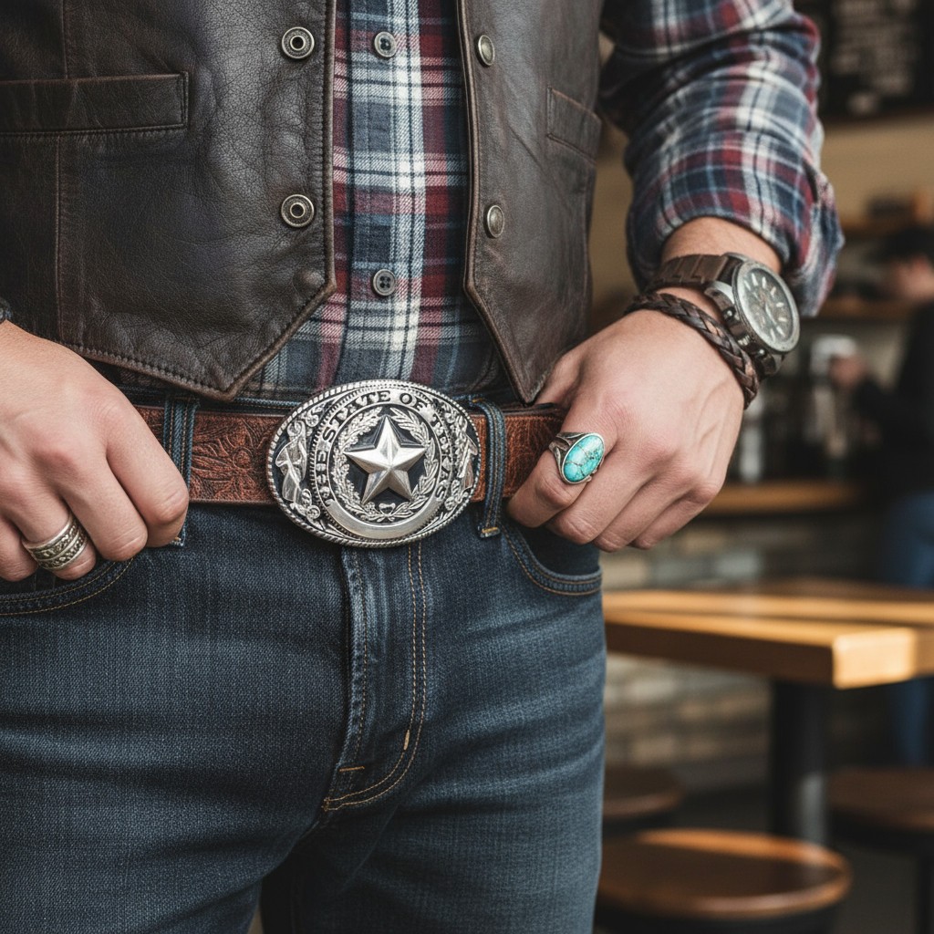 NEW Men Silver Metal Belt Buckle Western Fashion Cowboy Texas State Lone Star TX