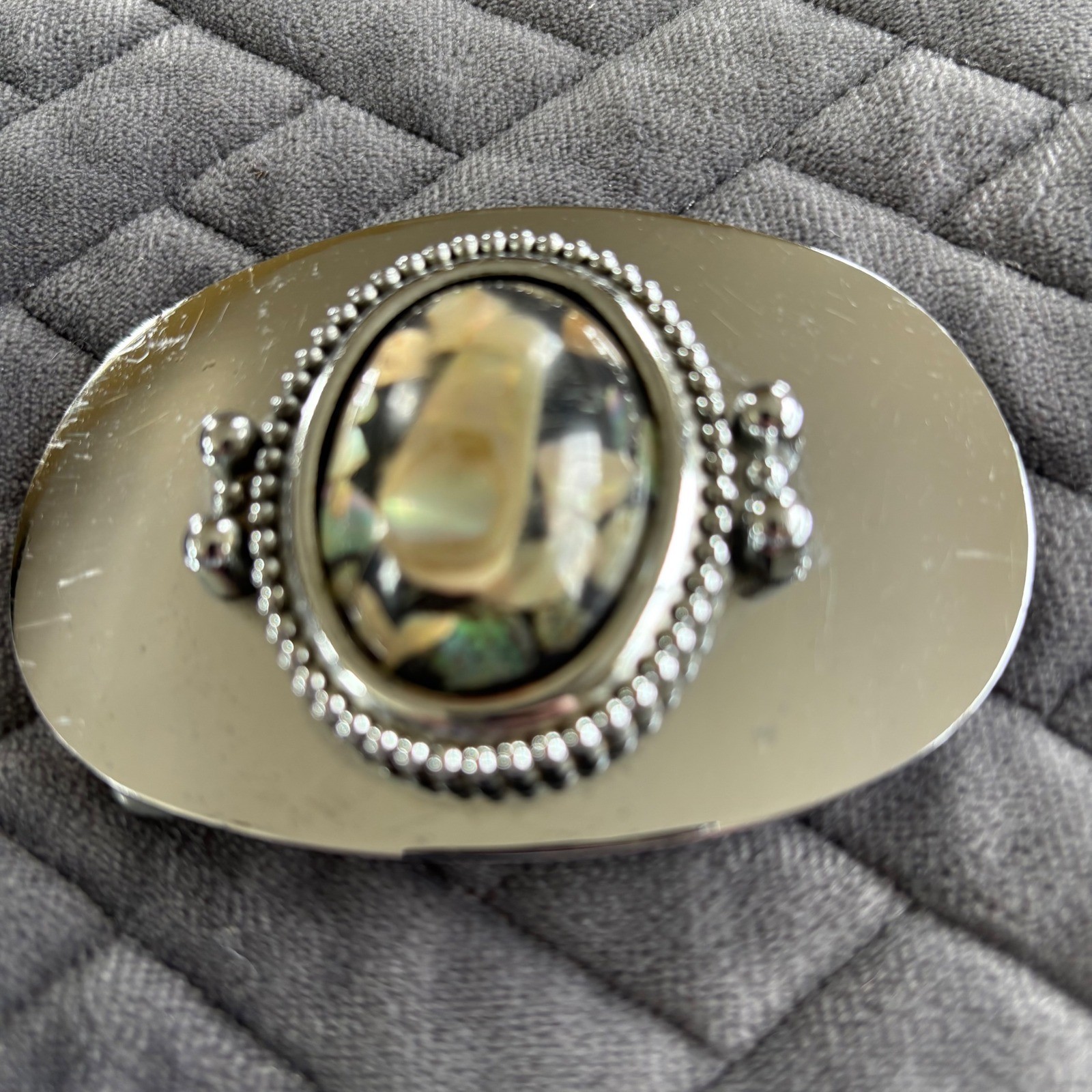 Vintage Silver Tone Abalone Shell Inlay Oval Belt Buckle Western Boho Iridescent