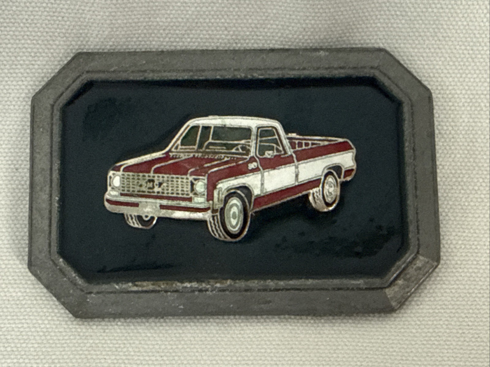 Vintage Enameled Red & White 70&rsquo;s GMC Pick Up Truck Belt Buckle FREE SHIPPING