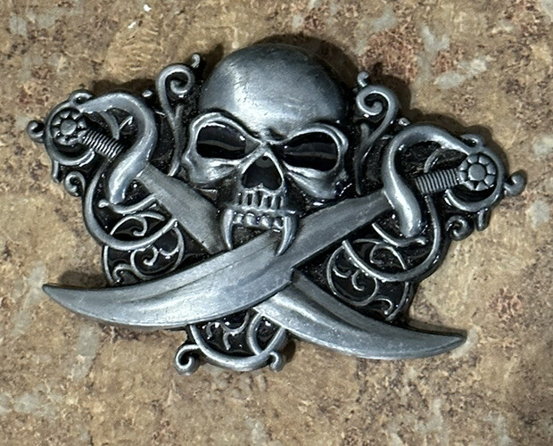 Skull And Swords Belt Buckle Pirate Buccaneer Silver Finish fit 1.5” belt