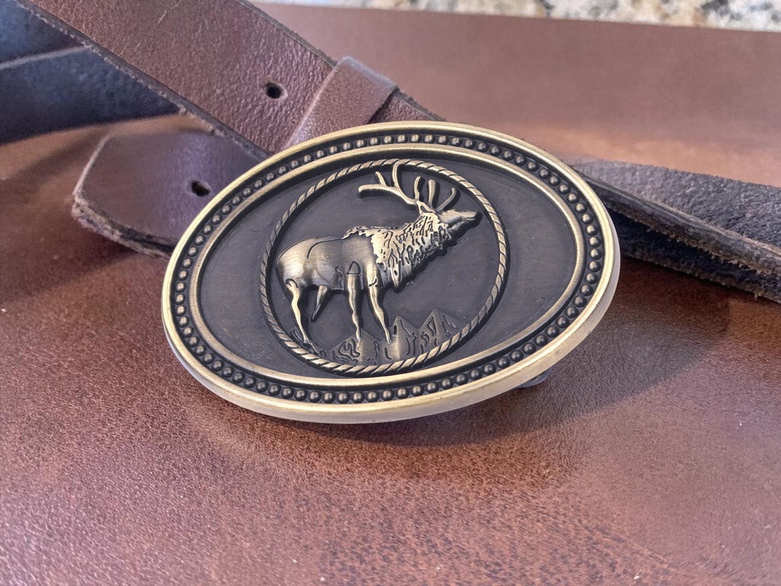 Western Belt Buckle With Handmade Leather Strap| Elk Deer Design – Rodeo Buckle