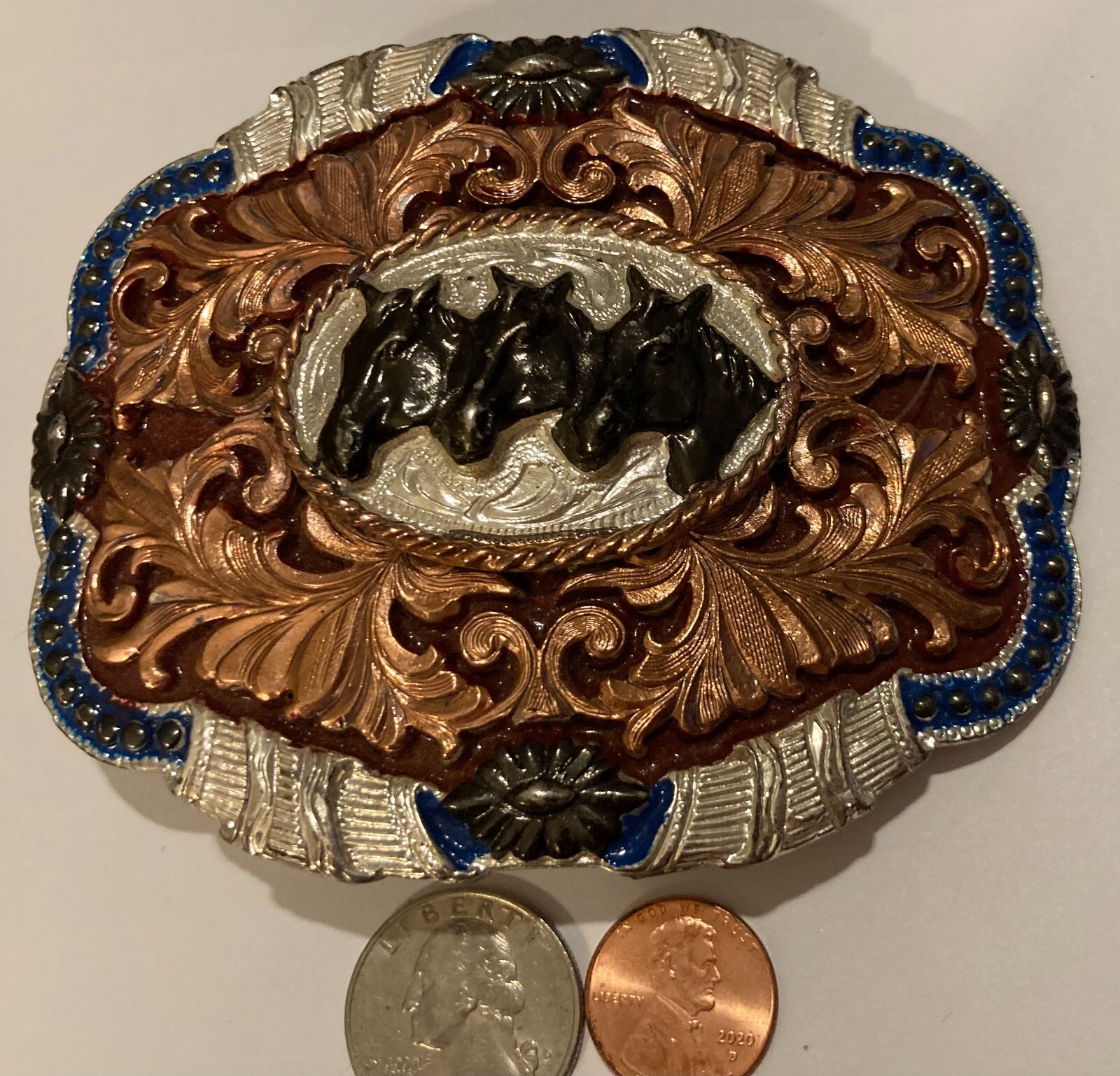 Vintage Metal Belt Buckle, Cowboy, 3 Horse Heads, Horse, Mexico, Texas, Big Size