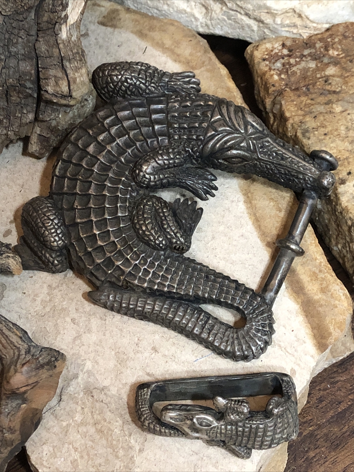 Vintage J.DEEGAN Sterling Silver 925 ALLIGATOR Crocodile belt BUCKLE 6.2oz, 175g